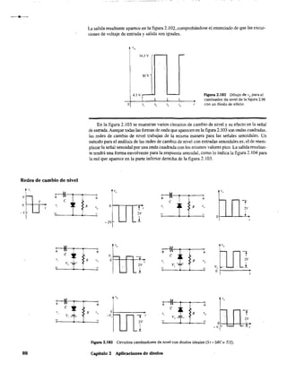 La salida resultante aparece en la figura 2.102, comprobándose el enunciado de que las eXCur-
siones de voltaje de entrada y salida son iguales.
34.3 V
30V
4.3 V
o t,
Figura 2.102 Dibujo de Vo para el
cambiador de nivel de la figura 2.96
con un diodo de silicio.
En la figura 2.103 se muestran varios circuitos de cambio de nivel y su efecto en la señal
de entrada. Aunque todas las formas de onda que aparecen en la figura 2.103 son ondas cuadradas,
las redes de cambio de nivel trabajan de la misma manera para las señales senoidales. Un
método para el análisis de las redes de cambio de nivel con entradas senoidaJes es, el de reem-
plazar la señal senoidal por una onda cuadrada con los mismos valores pico. La salida resultan-
te tendrá una forma envolvente para la respuesta senoidal, como lo indica la figura 2.104 para
la red que aparece en la parte inferior derecha de la figura 2.103.
Redes de caJ1lbio de nivel
v
T
o f-+--i-+
-v
88
:TI
c ----¡
VJ R v"
- ---o
¡ I~ --o
+
C ~~
", R v"
v, --;;;--
;-~ tF:J VI "
- ---o
v"
oh"''-''''-¡tr+t
2V
,-1,
- 2vr '--
v,
v,
o
2V
1
v,
o
t
-v,_1- r- . t
2V
- _1
v,
+-l +
C
", R v,
v, v,
o
rl~
v,
+
v, C ~..
R v,
v, -"::...
o
-v,
Figura 2.103 Circuitos cambiadores de nivel con diodos ideales (Sr o::: SRC> T/2).
Capítulo 2 Aplicaciones de diodos
t
2V
1
t
2V
-t
 