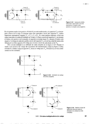 + V",_
Diodo Do
/ no condt7ctor
Diodo DI
conductor
r"
~II
DiodoD,
+ el / condUClo-r
c-:::---1v!-~--,-'-t-D---i,1414---r-~2~o
no conductor
(b)
En el siguiente medio ciclo positivo, el diodo Dz no está conduciendo y el capacitar Czse descar-
gará a través de la carga. Si ninguna carga está conectada a través del capacitar Cz' ambos
capacitares permanecen cargados, el a Vm y C? a 2Vm• Si, como pudiera esperarse, existe una
carga conectada a la salida del doblador de voltaje, el voltaje a través del capacitor CzCae durante
el medio ciclo positivo (en la entrada). el capacitor se recarga hasta 2Vm
durante el medio ciclo
negativo. La forma de onda de la salida a través del capacitor Czes la de una señal de media onda
filtrada por un filtro capacitar. El voltaje pico inverso a través de cada diodo eS de 2Vm
.
Otro circuito doblador es el doblador de onda completa de la figura 2.123. Durante el
medio ciclo positivo del voltaje del secundario del transformador (véase la figura 2.124a),
el diodo DI conduce carga al capacitar Cl
hasta un voltaje pico Vm
. El diodo D2 no está condu-
ciendo en este momento.
~
~II vI>!
...,r
'l
D,
j
J'm ;,J.;c,
-~
"D.
ConductOr
c+
~ V
o
,
'- - -14c - --'
D'
2 "']ioconductor
(al
o
+
21/m
figura 2.123 Doblador de voltaje
de onda completa.
/ No conductor
,..--......--_.....11". - - -..-,
D,
~II V
o
+
.....~
D2 Conductor
(b)
2.12 Circuitos multiplicadores de voltaje
Figura 2.122 Operación doble,
indicando cada medio ciclo de
operación: a) medio c.iclo
positivo: b) medio ciclo negativo.
figun 2.124- Meu:'os ddos. ue
operación alternos para el
doblador de voltaje de onda
completa.
97
 