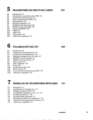 5 TRANSISTORES DE EFECTO DE CAMPO 215
5.1 Introducción 215
5.2 Construcción y características de los JFET 216
5.3 Características de transferencia 223
5.4 Hojas de especificaciones (JFET) 227
5.5 Instrumentación 230
5.6 Relaciones importantes 231
5.7 MOSFET de tipo decremental 238
5.8 MOSFET de tipo incremental 238
5.9 Manejo del MOSFET 246
5.10 VMOS 247
5.11 CMOS 248
5.12 Tabla resumen 250
S.13 Análisis por computadora 251
6 POLARIZACIÓN DEL FET 256
6.1 Introducción 256
6.2 Configuración de polarización fija 257
6.3 Configuración de autopolarización 261
6.4 Polarización mediante divisor de voltaje 267
6.5 MOSFET de lipa decremental 273
6.6 MOSFET de tipo incremental 277
6.7 Tabla resumen 283
6.8 Redes combinadas 285
6.9 Diseño 288
6.10 Localización de fallas 290
6.11 FET de canal-p 291
6.12 Curva universal de polarización para JFET 294
6.13 Análisis por computadora 297
7 MODELAJE DE TRANSISTORES BIPOLARES 311
7.1 Introducción 311
7.2 Amplificación en el dominio de ac 311
7.3 Modelaje de transistores EJT 312
7.4 Los parámetros importantes: Z;, Zo' A~, A; 314
7.5 El modelo de transistor r, 320
7.6 El modelo híbrido equivalente 327
7.7 Determinación gráfica de los parámetros h 333
7.8 Variaciones de los parámetros de transistores 337
7.9 Análisis por computadora 339
Contenido xi
 