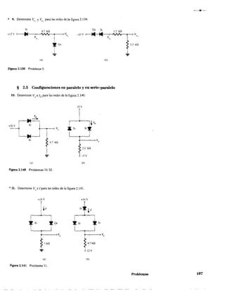 ·,
* 9. Detennine V y V para las redes de la figura 2.139.0, 0,
Ge Si
3.3 kQ
(a) (b)
F1gura 2.139 Problema 9.
§ 2.5 Configuraciones en paralelo y en serie-paralelo
10. Detennine Vo e JDpara las redes de la figura 2.140.
15 V
ID
- -+
+;ov ¡ • ~ ID
SI
Vo ¡~ SI SI~
~
i ~,
--...-SI Vo
4.7 kQ
}>
>2.2 kQ
_L
-5 V
(a) (b)
Figura 2.140 Problemas 10, 53.
*11. Detennine Vo
e 1para las redes de la figura 2.141.
+lOV +16V
t---~V,
>
>4.7kn
12 V
(a) (b)
Figura 2.141 Problema 11.
Problemas 107
 