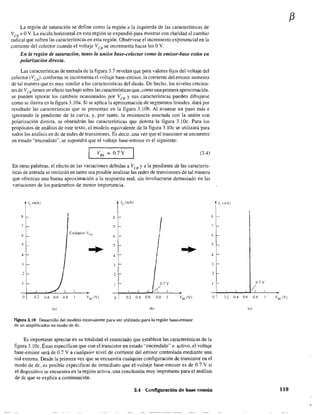 La región de saturación se define como la región a la izquierda de las' características de
VCE = OV. La escala horizontal en esta región se expandió para mostrar con claridad el cambio
radical que sufren las características en esta región. Obsérvese el incremento exponencial en la
corriente del colector cuando el voltaje VeB se incrementa hacia los OV.
En la región de saturación, tanto la unión base-colector como la emisor-base están en
polarización directa.
Las características de entrada de la figura 3.7 revelan que para valores fijos del voltaje del
colector (VeR)' conforme se incrementa el voltaje base-emisoLla corriente del emisor aumenta
de tal manera que es muy similar a las características del diodo. De hecho, los niveles crecien-
tes de VeB tienen un efecto tan bajo sobre las características que, como una primera aproximación,
se pueden ignorar los cambios ocasionados por VCB y sus características pueden dibujarse
corno se ilustra en la figura 3.10a. Si se aplica la aproximación de segmentos lineales, dará por
resultado las características que se presentan en la figura 3.l0b. Al avanzar un paso más e
ignorando la pendiente de la curva, y, por tanto, la resistencia asociada con la unión con
polarización directa, se obtendrán las características que denota la figura 3.10c. Para los
propósitos de análisis de este texto, el modelo equivalente de la figura 3,lOc se utilizará para
todos los análisis en dc de redes de transistores. Es decir, una vez que el transistor se encuentre
en estado "encendido", se supondrá que el voltaje base-emisor es el siguiente:
V8E
= 0.7 V (3.4)
En otras palabras, el efecto de las variaciones debidas a VeB y <:lla pendiente de las caracterís-
ticas de entrada se omitirán en tanto sea posible analizar las redes de transistores de tal manera
que ofrezcan una buena aproximación a la respuesta reaL sin involucrarse demasiado en las
variaciones de los parámetros de menor importancia.
tir (mAl 11, (mAl
 J, ,mAI
8 I g 8 -
I I7 , 7
6
Cualquier Vr¡;
6 I
"
5 5 I 5
.. I
4 4
¡ 4
3 3
L"
3
2 2
O 0.2 0.4 06 0.8 VIIE(V) O 0.2 0.4 0.6 0.8 VBf,(V)
1') lb)
Figura 3.10 Desarrollo del modelo equivalente para ser utilizado para la región base-emisor
de un amplificador en modo de de.
Es importante apreciar en su totalidad el enunciado que establece las características de la
figura 3.10c. Éstas especifican que con el transistor en estado "encendido" o activo, el voltaje
base-emisor será de 0.7 V a cualquier nivel de corriente del emisor controlada mediante una
red extema. Desde la primera vez que se encuentra cualquier configuración de transistor en el
modo de dc. es posible especificar de inmediato que el voltaje base-emisor es de 0.7 V si
el dispositivo se encuentra en la región activa, una conclusión muy importante para el análisis
de dc que se explica a continuación.
2
O ,
3.4 Configuración de base común
0.2
f3
0.7 V
!
0.4 06 0.8 VSE(V)
'e)
119
,~
 