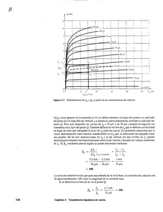 126
1 ( Ae m )
1 /e,
9
I
1
_ J)lA
¡
I
I I I
I I
I !
I ]
8
I
vt:-,... I ! i .
8Ol1A ¡I
! I
) iI I !I I
7
~V
70 )lA I
!
I i
!I I
!
!
60 )lA I , I
6
I
~ 5+
1
I
VI
I
I
I1
5 1
VV I
1
I
1
I
140 pA
1 ¡
4 I
VI
! ! I
i ¡ 1
lB: 30 pA
j i 1,
1 I
3
f{_ 1-
25 IJA
! i I
< --.... -- I I
-- Punto Q 20)1A i !, ! I
; i
2 lB I
, i¡ i I
¡ I
10 pA !
1
;
I
I
I 1i
I
II
1,-O)lA I
O 5/ 10 15 20 25 VU(V)
VcE =7.5 V
Figura 3.17 Determinación de f3ac y Pdc a partir de las características del colector.
(!J.IB) como aparece en la ecuación (3.11) se define entonces al elegir dos puntos en cada lado
del punto Q a lo largo del eje vertical, y a distancias aproximadamente similares a cada lado del
punto Q. Para esta situación, las curvas de lB = 20 }.lA Yde 30 }.lA cumplen el requisito sin
extenderse muy lejos del punto Q. También definen los niveles de lB que se definen con facilidad
en lugar de tener que interpolar el nivel de lB entre las curvas. Es pertinente mencionar que la
mejor determinación suele hacerse manteniendo la .1 18 que se seleccionó tan pequeña como
sea posible. En las dos intersecciones de lB Y el eje vertical, los dos niveles de le pueden
determinarse trazando una línea horizontal sobre el eje vertical y leyendo los valores resultantes
de le' El f3ac resultante para la región se puede determinar mediante
f3" = Me 1 =
le, - le,
LlIB vCE = constante IBc - lB I
3.2 mA - 2.2 mA 1 mA
= =
30}.lA - 20}.lA 1O}.iA
= 100
La solución anterior revela que para una entrada de ac en la base, la corriente del colector será
de aproximadamente 100 veces la magnitud de la corriente base.
Si se determina la beta de dc en el punto Q:
Capítulo 3 Transistores bipolares de unión
 