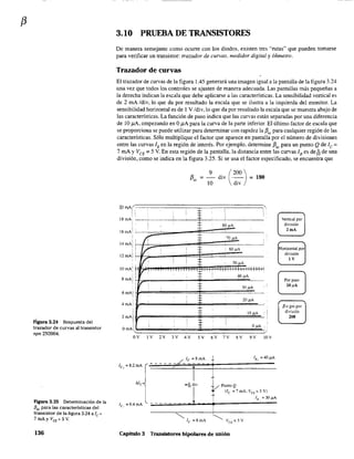 f3
Figura 3.24 Respuesta del
trazador de curvas al transistor
npn 2N3904.
Flgura 3.25 Determinación de la
f3ac para las características del
transistor de la figura 3.24 a le =
7mAyVCE =:SY.
136
3.10 PRUEBA DE TRANSISTORES
De manera semejante como ocurre con los diodos, existen tres "rutas" que pueden tomarse
para verificar un transistor: trazador de curvas, medidor digital y óhmerro.
Trazador de curvas
El trazador de curvas de la figura 1.45 generará una imagen igual a la pantalla de la figura 3.24
una vez que todos los controles se ajusten de manera adecuada. Las pantallas más pequeñas a
la derecha indican la escala que debe aplicarse a las características. La sensibilidad vertical es
de 2 mA /div, 10 que da por resultado la escala que se ilustra a la izquierda del monitor. La
sensibilidad horizontal es de 1 V /div, 10 que da por resultado la escala que se muestra abajo de
las características. La función de paso indica que las curvas están separadas por una diferencia
de 10 pA, empezando en Of.1A para la curva de la parte inferior. El último factor de escala que
se proporciona se puede utilizar para detenninar con rapidez la f3ac
para cualquier región de las
características. Sólo multiplique el factor que aparece en pantalla por el número de divisiones
entre las curvas lB en la región de interés. Por ejemplo, determine f3" para un punto Q de le =
7 mAy VCE
= 5 V. En esta región de la pantalla, la distancia entre las curvas lB es de¡¡' de una
división, como se indica en la figura 3.25. Si se usa el factor especificado, se encuentra que
2.0"",(
,
,
16mA:
14mAi,
12mAi
4mAi
i
2mAI
I
,
,
i,
i
i!
I
!OmA"
i
I
! ,
¡r ·
/: I
rí' i
i
I
·
·
,
I
"
i
= ~ div (200) = 180
10 div
!
1:
I
¡
SO ,(lA
r- ,70 !lA
e ,
.
,
60 flA
50,(lA
40,uA
.
30 llA
20 llA
-
: !OllA
¡
.
I
OllA
I - -~,_.
- -
OV lV 2V 3V 4V 5V 6V 7V SV 9V lOV
1 -8mA ¡ IB,=40pA
lc, = 8.2 mA r.;:-::::--:::-:::::2->=::¿=-C=+f=--~-ti========-
=-ro div +/Punto Q
1
... (lc =7mA.VcE =5V)
-- J IB=30~AIc,=6.4mA
Capítulo 3 Transistores bipolares de unión
Venieal por
división
2mA
Horizontal por
división
IV
Por paso
10,(lA
/3o gm por
división
200
 