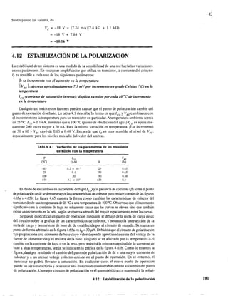 Sustituyendo los valores, da
Ve ~ -18 V + (2.24 mA)(2.4 kQ + l.l kQ)
= -18 V + 7.84 V
=-10.16 V
4.12 ESTABILIZACIÓN DE lA POlARIZACIÓN
La estabilidad de un sistema es una medida de la sensibilidad de una red hacia las variaciones
en sus parámetros. En cualquier amplificador que utiliza un transistor, la corriente del colector
le es sensible a cada uno de los siguientes parámetros:
[3: se incrementa con el aumento en la temperatura
IVBE 1: decrece aproximadamente 7.5 mV por incremento en grado Celsius (oC) en la
temperatura
leo (corriente de saturación inversa): duplica su valor por cada 10 oC de incremento
en la temperatura
Cualquiera o todos estos factores pueden causar que el punto de polarización cambie del
punto de operación diseñado. La tabla 4.1 describe la forma en que leo y VBE camhiaron con
el incremento en la temperatura para un transistor en particular. A temperatura ambiente (cerca
de 25 OC) leo =0.1 nA, mientras que a lOO oC (punto de ebullición del agua) leo es aproxima-
damente 200 veces mayor a 20 nA. Para la misma variación en temperatura, (3 se incrementó
de 50 a 80 y VBE cayó de 0.65 a 0.48 V. Recuerde que lB es muy sensible al nivel de V8E •
especialmente para los niveles más allá del valor del umbral.
TABLA 4.1 Variación de los parámetros de un transistor
de silicio con la temperatura
T leo VSE
ce) (nA) b (V)
-65 0.2 x 10-·' 20 0.85
25 0.1 50 0.65
100 20 80 0.48
175 3.3 x 103 120 0.3
El efecto de los cambios en la comente de fuga (1col y la ganancia de comente (ff¡ sobre el punto
de polarización de dc se demuestra por las características de colectorpara emisor-común de las figuras
4.65a y 4.65b. La figura 4.65 muestra la forma como cambian las caractensticas de colector del
transistor desde una temperarurade 25 OC a una temperarurade 100 oC. Obsérvese que el incremento
significativo en la corriente de fuga no solamente causa que las curvas se eleven sino que también
existe un incremento en la beta, según se observa a través del mayor espaciamiento entre las curvas.
Se puede especificar un punto de operación mediante el dibujo de la recta de carga de dc
del circuito sobre la gráfica de las características de colector, y notando la intersección de la
recta de carga y la corriente de base de dc establecida por el circuito de entrada. Se marca un
punto de forma arbitraria en la figura 4.65a en lB = 30 ¡lA. Debido a que el circuito de polarización
fija proporciona una corriente de base cuyo valor depende aproximadamente del voltaje de la
fuente de alimentación y el resistor de la base, ninguno se ve afectado por la temperatura o el
cambio en la corriente de fuga o en la beta, pero existirá la misma magnitud de la corriente de
base a altas temperaturas, según se indica en la gráfica de la figura 4.65b. Como lo muestra la
figura, dará por resultado el cambio del punto de polarización de de a una mayor comente de
colector y a un menor voltaje colector-emisor en el punto de operación. En el extremo, el
transistor no podría llevarse a saturación. En cualquier caso, el nuevo punto de operación
puede no ser satisfactorio y ocasionar una distorsión considerable debido al cambio del punto
de polarización. Un mejor circuito de polarización es el que estabilizará o mantendrá la polari-
4.12 Estabilización de la polarización 191
 