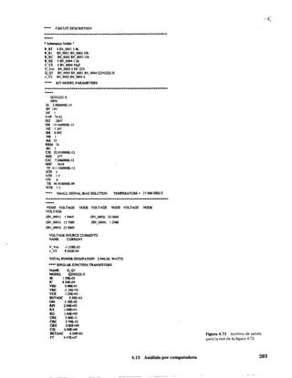 • • .,. CIRcurr DESCRIPTION
..........................................................................................• Schcmatic:s Nctlist •
RR2
R-RJ
R-Re
R-RE
C=CE
V_Ycc
<LQl
v_v:
.....
oSN 0001 3.9k
$N 0001 $N ooo239k
SN-=,OOO3 SN-:'OOOS 1010:
OSN_OOO4 1.5k
0$);_0004 SOuF
S"-,'002 OOC nv
SN_OOO3 SN_OOOI SN_OOO4 Q2N2222~X
SN_0002 SN_0005 O
BJT MODEL PARAMETERS
................................................................................
Q2N22Z2~X
NPN
(S 2.000000E-t 5
BF 140
NF 1
VAF 74.03
IKF .2841
ISE 4.34ooooE·5
NE 1301
BR 6,091
NR ,
RB 10
RBM 10
RC 1
eJE n.01OOOOE-12
MJE m
CJC 7.306OOOE-2
MJC .3416
TF 411.l1XlOOQE..12
XTF 3
VTF 1.7
ITF .6
TR 46.910000E-09
XTB 1.5
..... SMAll SlGNAL BIAS soumON TEMPERATURE" 27.000 DEG e
.................................................................................NODE VOLTAGE
VOLTAGE
NODE VOLTAGE NaDE VOLTAGE NODE
(St-.tOOO1) 19469
(SN_OOO3) 13.7580
($N3JO()S) n 0000
(SN_OOO2) 22.0000
($N_0004) 1.258$
VOLTAGESOURCECURRENTS
NA,,1E. CURRENT
-1.338E-OJ
8.242E..04
TOTALPOWERDlSSlPATION 2.94E..Ql WATrS
•••• BIPOLAR JUNCTfON TRANSISTO.RS
NAME Q_QI
MODEL Q2N=-X
lB l.SO&OS
le 8.Z4E-04
VSE 68SB-61
VBC -1.I8E+Ol
va L2SE+Ol
BETADC 5.50E+Ol
GM 3.JIE..02
RPl 2.04E"'l3
RX I.OOE+OI
RO I.04E"'lS
CBE 5.06&11
CBC 2.'95-12
CBX O.OOE"'lO
ClS O00E"'lO
SETMe 6.SQE"'l'
FT 9,47E+07
4_13 Análisis por computadora
Figura 4.73 Archivo de salida
para la red de la figura 4.72.
203
 