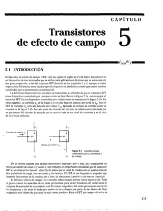 Transistores
de efecto de campo
CAPÍTULO
-----------------------IDDivp---5.1 INTRODUCCIÓN
El transistor de efecto de campo (FET) (por las siglas en inglés de Field Effect Transistor) es
un dispositivo de tres terminales que se utiliza para aplicaciones diversas que se asemejan, en
una gran proporción, a las del transistor BJT descrito en los capítulos 3 y 4. Aunque existen
importantes diferencias entre los dos tipos de dispositivos, también es cierto que tienen muchas
similitudes que se presentarán a continuación.
La diferencia básica entre los dos tipos de transistores es el hecho de que el transistor BJT
es un dispositivo controlado por corriente como se describe en la figura 5.1 a. mientras que el
transistor JFET es un dispositivo controlado por voltaje como se muestra en la figura 5.lb. En
otras palabras. la corriente le de la figura 5.1a es una función directa del nivel de lB' Para el
FET la corriente ID será una función del voltaje VGS aplicado al circuito de entrada como se
muestra en la figura 5.lb. En cada caso, la corriente del circuito de salida está controlado por
un parámetro del circuito de entrada, en un caso se trata de un nivel de corriente y en el otro
de un voltaje aplicado.
(Corriente de controi) 18
..... BJT
(a)
+
(Voltaje de control) VGS
FET
FIgura 5.1 Amplificadores
controlados por a) corriente y
(b) b) voltaje.
De la misma manera que existen transistores bipolares npn y pnp, hay transistores de
efecto de campo de canal-n y canal-p. Sin embargo, es importante considerar que el transistor
BJT es un dispositivo bipolar; el prefijo bi indica que el nivel de conducción es una función de
dos portadores de carga, los electrones y los huecos. El FET es un dispositivo unipolar que
depende únicamente de la conducción o bien, de electrones (canal-n) o de huecos (canal-p).
El ténnino "efecto de campo" en el nombre seleccionado merece cierta explicación. Toda
la gente conoce la capacidad de un imán permanente para atraer limaduras de metal hacia el
imán sin la necesidad de un contacto real. El campo magnético del imán permanente envuelve
las limaduras y las atrae al imán por medio de un esfuerzo por parte de las líneas de flujo
magnético con objeto de que sean lo más cortas posibles. Para el FET un campo eléctrico se
215
 