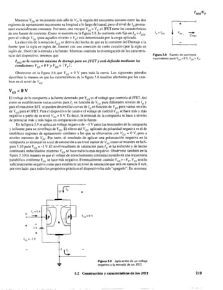 Mientras VDS se incremente más allá de V p' la región del encuentro cercano entre las dos
regiones de agotamiento incrementa su longitud a 10 largo del canal, pero el nivel de ID penna-
nece esencialmente constante. Por tanto. una vez que VDS> VP' ellFET tiene las características
de una fuente de corriente. Como se muestra en la figura 5.8, la corriente está fija en ID = 1DSS'
pero el voltaje VDS (para aquellos niveles> Vpl está determinado por la carga aplicada.
La elección de la notación IDSS se deriva del hecho de que es la corriente del Drenaje a la
fuente (por la sigla en inglés de. Source) con una conexión de corto circuito (por la sigla en
inglés de, Short) de la entnida a la fuente. Mientras continúa la investigación de las caracterÍs-
ticas del dispositivo. tenemos que:
IDSS es la corriente máxima de drenaje para un JFET y está definida mediante las
condiciones VGS = OV Y VDS> l. Vp l.
Obsérvese en la figura 5.6 que Ves = O V para toda la curva. Los siguientes párrafos
describen la manera en que las características de la figura 5.6 resultan afectadas por los cam-
bios en el nivel de Ves'
VGS<OV
El voltaje de la compuerta a la fuente denotado por VGS es el voltaje que controla al JFET. Así
como se establecieron varias curvas para JC en función de VCE para diferentes niveles de lB Y
para el transistor BJT. se pueden desarrollar curvas de ID en función de VDS para varios niveles
de Ves para el JFET. Para el dispositivo de canal-n el voltaje de control Ves se hace más y más
negativo a partir de su nivel Ves::: OV. Es decir, la terminal de la compuerta se hace a niveles
de potencial más y más bajos en comparación con la fuente.
En la figura 5.9 se aplica un voltaje negativo de -1 V entre las tenninales de la compuerta
y la fuente para un nivel bajo de VDS. El efecto del Ves aplicado de polaridad negativa es el de
establecer regiones de agotamiento similares a las que se obtuvieron con VGS = O V, pero a '
niveles menores de VDS' Por tanto, el resultado de aplicar una polarización negativa en la
compuerta es alcanzar un nivel de saturación a un nivel menor de VOS como se muestra en la fi-
gura 5.10 para VGS =-1 V. El nivel resultante de saturación para ID se ha reducido y de hecho
continuará reduciéndose mientras Ves se hace todavía más negativo. Obsérvese también en la
figura 5.10 la manera en que el voltaje de estrechamiento continúa cayendo en una trayectoria
parabólica confomle VGS
se hace más negativo. Eventualmente, cuando VGS= -Vp , Vas será lo
suficientemente negativo como para establecer un nivel de saturación que será en esencia OmA,
por otro lado. para todos los propósitos prácticos el dispositivo ha sido "apagado". En resumen:
G
+
+
S~
+
Vos>ÜV
Agura 5.9 Aplicación de un voltaje
negativo a la entrada de un JFET.
5.2 Construcción y caracteristicas de los JFET
IDDIVp
I
o
+
fo ::; foss t VDS ---+-
I
Carga
O
Figura 5.8 Fuente de corriente
equivalente para VGS = OV, VDS> Vpo
219
 