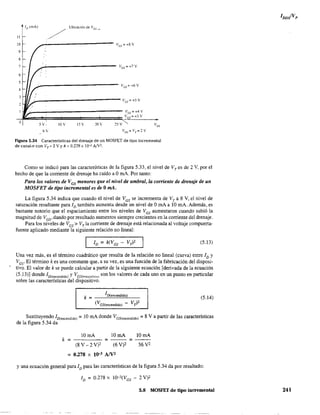ID (mA)
II
10
9
8
7f-
6
5
4
3
2
o
~__---------------------------- Vos=+6V
j..___________________________ VGS:: +5 V
5 V,
6V
10 V 15 V ~ov 25V~
Figura 5.34 Características del drenaje de un MOSFET de tipo incremental
decanal~n con VT
", 2 Vyk" 0.278 x 10-3 AjV2.
Como se indicó para las características de la figura 5.33, el nivel de VT es de 2 Y, por el
hecho de que la corriente de drenaje ha caído a OmA. Por tanto:
Para los valores de VGS menores que el nivel de umbral, la corriente de drenaje de un
MOSFET de tipo incremental es de OmA.
La figura 5.34 indica que cuando el nivel de VGS
se incrementa de VT
a 8 Y, el nivel de
saturación resultante para ID también aumenta desde un nivel de O mA a 10 mA. Además, es
bastante notorio que el espaciamiento entre los niveles de VGS aumentaron cuando subió la
magnitud de Vcs' dando por resultado aumentos siempre crecientes en la corriente del drenaje.
Para los niveles de VGs > Vr la corriente de drenaje está relacionada al voltaje compuerta-
fuente aplicado mediante la siguiente relación no lineal:
(5.13)
Una vez más, es el término cuadrático que resulta de la relación no lineal (curva) entre ID y
VGs' El término k es una constante que, a su vez, es una función de la fabricación del disposi-
tivo. El valor de k se puede calcular a partir de la siguiente ecuación [derivada de la ecuación
(5.13)] donde ID(encendido) y Ves(f':nccn(itr:U) son los valores de cada uno en un punto en particular
sobre las características del dispositivo.
k = ____~ID~(~'"~C~en~d~id~O~)____ (5.14)
(V VT)2GS(encendido) -
Sustituyendo 1D(encendido) =: 10 mA donde VGS(encendido) =8 V a partir de las características
de la figura 5.34 da
lOmA 10 mA
k = - - - - = - - =
(8 Y - 2 Y)' (6 Y)2
= 0.278 X 1()-3 AN2
10 mA
36 y,
y una ecuación general para ID para las características de la figura 5.34 da por resultado:
5.8 MOSFET de tipo incremental 241
 