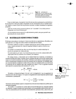 (al
o
(bl
FIgura 1.3 al Estados de
conducción y b) no conducción del
diodo ideal, según está determinado
por la dirección de la corriente
convencional establecida por la red.
Como se indicó antes, el propósito inicial de esta sección es presentar las características
de un dispositivo ideal para poder compararlas con las características de la variedad comer-
cial. Según se avance a través de las próximas secciones, se deben considerar las siguientes
preguntas:
¿Qué tan cercana será la resistencia directa o de "encendido" de un diodo práctico
comparado con el nivel O-.Q deseado?
¿Es la resistencia inversa parcial lo suficientemente grande como para permitir una
aproximación de circuito abierto?
1.3 MATERIALES SEMICONDUCTORES
El término semiconductor revela por si mismo una idea de sus características. El prefijo semi
suele aplicarse a un rango de niveles situado a la mitad entre dos límites.
El término conductor se aplica a cualquier material que soporte un flujo generoso de
carga, cuando una fuente de voltaje de magnitud limitada se aplica a través de sus
terminales.
Un aislante es un material que ofrece un nivel muy bajo de conductividad bajo la
presión de una fuente de voltaje aplicada.
Un semiconductor, por tanto, es un material que posee un nivel de conductividad sobre
algún punto entre los extremos de un aislante y un conductor.
De manera inversa, y relacionada con la conductividad de un material, se encuentra su
resistencia al flujo de la carga o corriente. Esto es, mientras más alto es el nivel de conductividad,
menor es el nivel de resistencia. En las tablas, el ténnino resistividad (p, la letra griega rho) se
utiliza a menudo para comparar los niveles de resistencia de los materiales. En unidades métri-
cas, la resistividad de un material se mide en n-cm o n-m. Las unidades de n-cm se derivan de
la sustitución de las unidades para cada cantidad de la figura 1.4 en la siguiente ecuación
(derivada de la ecuación básica de resistencia R = pi!A):
RA (n)(cm')
p=--= =>n-cm (l.l)
1 cm
De hecho, si el área de la figura lA es de 1 cm' y la longitud de 1 cm, la magnitud de la
resistencia del cubo de la figura lA es igual a la magnitud de la resistividad del material según
se demuestra a continuación:
1
P -= P
A
(1 cm)
(1 cm')
Iplohms
Este hecho será de utilidad cuando se comparen los niveles de resistividad en los análisis que se
presentan enseguida.
En la tabla 1.1 se muestran los valores típicos de resistividad para tres categorías amplias
de materiales. Aunque se pueda estar familiarizado con las propiedades eléctricas del cobre y la
mica, las características de los materiales semiconductores, germanio (Ge) y silicio (Si), pue-
1.3 Materiales semiconductores
p~-
cm
A=lcm2 l=lcm
Figura 1.4 Definicipn de las
unidades métricas de
resistividad.
3
 
