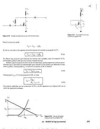 ,-------<r-------H(-----o~,
D
'1, O-----)I---______----o-
G
-t~l
-:;:
Figura 6.36 Arreglo de polarización por retroalimentación.
Para el circuito de salida,
la cual se convierte en la siguiente ecuación después de sustituir la ecuación (6.27):
(6.28)
Se obtiene una ecuación que relaciona las mismas dos variables como la ecuación (6.25),
permitiendo graficar cada una en el mismo conjunto de ejes.
Debido a que la ecuación (6.28) es la de una línea recta, puede emplearse el mismo proce-
dimiento que se describió con anterioridad, para calcular los dos puntos que defínirán el trazo
sobre la gráfica. Sustituyendo ID = OmA en la ecuación (6.28) se obtiene
(6.29)
Sustituyendo Ves = OV en la ecuación (6.28), se tiene
(6.30)
Las gráficas definidas por las ecuaciones (6.25) y (6.28) aparecen en la figura 6.38 con el
punto de operación resultante.
Ves Figura 6.38 Cálculo del punto
Q para la red de la figura 6.36.
6,6 MOSFET de tipo incremental
,--------<1 D
+
Figura 6.37 Equivalente de de de
la red de la figura 6.36.
279
Ii
I,
I
 