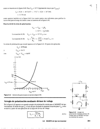 como se muestra en la figura 6.40. Para VGS ~ 10 V (ligeramente mayor que VeS(Th):
10 ~ 0.24 X j(J-J(lO V - 3 V)' ~ 0.24 x 10-3(49)
~ 11.76mA
como aparece también en la figura 6.40. Los cuatro puntos son suficientes para grafiear la
curva total para el rango de interés como se muestra en la figura 6.40.
Para la red de la recta de polarización:
Ves ~ VDD - Id'D
= 12 V - 1D(2 kQ)
La ecuación (6.29): Ves ~ VDD = 12VI'D=OmA
La ecuación (6.30):
La recta de polarización que resultó aparece en la figura 6.41. El punto de operación:
y
con
12
1
0
9
8
7
Voo 6
RD
5
4
ID =-2.7SmA-3
Q 2
o
ID = 2.75 mA
Q
VGS = 6.4 V
Q
VDS ~ Ves = 6.4 VQ Q
IO=mA
2 3 4 5 8 9 10 11 12
(VDD)
Flgura 6.41 Cálculo del punto Qpara la red de la figura 6.39.
Arreglo de polarización mediante divisor de voltaje
En la figura 6.42 aparece un segundo arreglo de polarización común para el MOSFET de tipo
incremental. El hecho de que IG ~ OmA da por resultado la siguiente ecuación para Vee como
se deriva a partir de una aplicación de la regla del divisor de voltaje:
(6.31)
6.6 MOSFET de tipo incremental
D
G
+ vGS
- S
Figura 6.42 Arreglo de
polarización mediante divisor de
voltaje para un MOSFET de tipo
incremental de canal-no
281
11
 