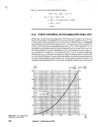 Figura 6.58 Curva universal de
polarización para el JFET.
294
Para Vos' con la ley de voltaje de Kirchhoff se obtiene
y
-loRs + Vos - loRo + Voo = O
Vos = -Voo + lo(Ro + Rs)
= -20 V + (3.4 mA)(2.7 kQ + 1.8 kQ)
= -20 V + 15.3 V
= -4.7 V
6.12 CURVA UNIVERSAL DE POLARIZACIÓN PARA JFET
Debido a que la solución de una configuración a FET necesita que se dibuje la curva de trans-
ferencia en cada análisis, se desarrolló una curva universal útil para cualquier nivel de I DSS y de
Vp. En la figura 6.58 se proporciona la curva universal de un JFET de canal-n o el MOSFET
de tipo decremental (para los valores negativos de VesQ)' Se observa que el eje horizontal no es
el de VGS' sino el de un nivel nonnalizado definido por VGS/ IVp 1, con la indicación IVp 1, lo
que significa que sólo debe tomarse en cuenta su magnitud, mas no su signo. Para el eje verti-
calla escala también es un valor normalizado de loilo~s' El resultado es tal que cuando lo =
lossel cociente es 1, y cuando VGS = Vpel cociente VG/ IVpIes de-!. Se observa también que
la escala para ID/I
DSS
se encuentra a la izquierda en lugar de la derecha como se encontró para
ID en los ejercicios anteriores, Las dos escalas adicionales a la derecha necesitan presentarse.
La escala vertical llamada m puede utilizarse por sí misma para encontrar la solución a las
configuraciones de polarización fija. La otra escala, llamada M, se utiliza junto con la escala m
!.L
IDSS
IVpl
m=--
Rs IDss
-"-'- H--.:-.. -h-C-e~i-+:. ---~ -! t----, +-, '--+¡-"
-0.8 -0.6 -0.4 -0.2
Capítulo 6 Polarización del FET
M=m x vGO
IVpl
o
 