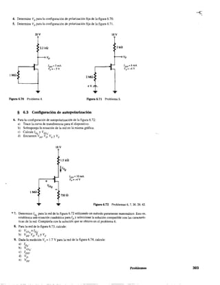 4. Determine VD para la configuración de polarización fija de la figura 6.70.
5. Determine VD para la configuración de polarización fija de la figura 6.71.
20V 18 V
2.2kil 2kil
1 Mil
2 Mil
4V-¡
Figura 6.70 Problema 4. Figura 6.71 Problema 5.
§ 6.3 Configuración de autopolarización
6. Para la configuración de autopolarización de la figura 6.72:
a) Trace la curva de transferencia para el dispositivo.
b) Sobreponga la ecuación de la red en la misma gráfica.
c) Calcule IOQ y V GSQ'
d) Encuentre VDS' VD' Ve y Vs'
18 V
1.5 kil
I Mil
750il
Ipss = lOmA
Vp =-4 V
VD
FIgura 6.72 Problemas 6. 7. 36. 39, 42.
* 7. Determine IOQ para la red de la figura 6.72 utilizando un método puramente matemático. Esto es,
establezca una ecuación cuadrática para ID Yseleccione la solución compatible con las caracterís-
ticas de la red. Compárela con la solución que se obtuvo en el problema 6.
8. Para la red de la figura 6.73, calcule:
a) VesQelo '
b) VDS' VD' VGy Vs'
9. Dada la medíción Vs = 1.7 V para la red de la figura 6.74, calcule:
a) IDQ
•
b) VGsQ'
c) IDss'
d) VD'
e) VDS'
Problemas 303
 