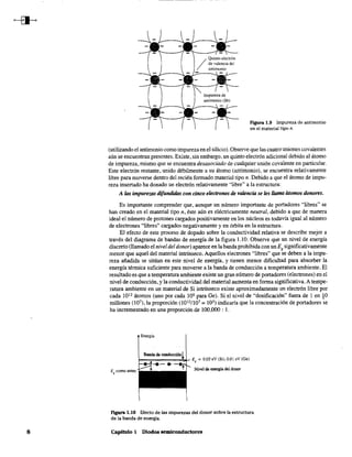 8
Figura 1.9 Impureza de antimonio
en el material tipo n.
(utilizando el antimonio como impureza en el silicio). Observe que las cuatro uniones covalentes
aún se encuentran presentes. Existe, sin embargo, un quinto electrón adicional debido al átomo
de impureza, mismo que se encuentra desasociado de cualquier unión covalente en particular.
Este electrón restante, unido débilmente a su átomo (antimonio), se encuentra relativamente
libre para moverse dentro del recién formado material tipo n. Debido a que el átomo de impu-
reza insertado ha donado un electrón relativamente "libre" a la estructura:
A 1m; impureZ/lS tlifundüJos con cinco electrones de valencÍll se les l/mnll átomos donares.
Es importante comprender que, aunque un número importante de portadores "'libres" se
han creado en el material tipo n, éste aún es eléctricamente neutral, debido a que de manera
ideal el número de protones cargados positivamente en los núcleos es todavía igual al número
de electrones '·libres" cargados negativamente y en órbita en la estructura.
El efecto de este proceso de dopado sobre la conductividad relativa se describe mejor a
través del diagrama de bandas de energía de la figura 1.10. Observe que un nivel de energía
discreto (llamado el nivel del donor) aparece en la banda prohibida con un Eg significativamente
menor que aquel del material intrínseco. Aquellos electrones "libres" que se deben a la impu-
reza añadida se sitúan en este nivel de energía, y tienen menor dificultad para absorber la
energía térmica suficiente para moverse a la banda de conducción a temperatura ambiente. El
resultado es que a temperatura ambiente existe un gran número de portadores (electrones) en el
nivel de conducción, y la conductividad del material aumenta en forma significativa. A tempe-
ratura ambiente en un material de Si intrínseco existe aproximadamente un electrón libre por
cada 1012 átomos (uno por cada 109 para Ge). Si el nivel de "dosificación" fuera de 1 en 10
millones (lO'), la proporción (10121107 = 105) indicaria que la concentración de portadores se
ha incrementado en una proporción de 100,000 : l.
Energía
:;'B~~;da~de~~~~~ Eg = 0.05 eV (Si).O.Ol eV CGe)
Es como antes Nivel de energía del donor
Figura 1.10 Efecto de las impurezas del donor sobre la estructura
de la banda de energía.
Capitulo l Diodos semiconductores
 