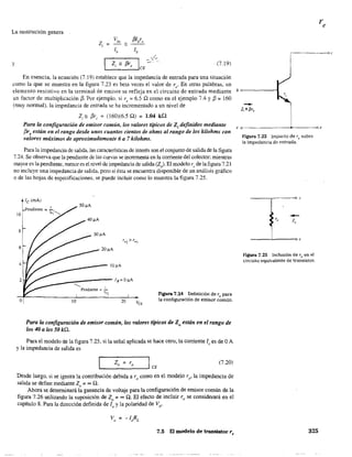 La sustitución genera
2
1
::: Vbe =: {3Ibre
,------, _v/
Z, '" (3r, ICE -' ,
lb lb
y (7.19)
:----_~o,
En esencia, la ecuación (7.19) establece que la impedancia de entrada para una situación
como la que se muestra en la figura 7.23 es beta veces el valor de re" En otras palabras, un
elemento resistivo en la terminal de emisor se refleja en el circuito de entrada mediante b ~-----t
un factor de multiplicación {3. Por ejemplo, si re = 6.5 Q como en el ejemplo 7.4 y {3 = 160
(muy normal), la impedancia de entrada se ha incrementado a un nivel de
Z¡ '" {3r, = (160)(6.5 a) = 1,04 kQ
Para la configuración de emisor común, los valores típicos de Z¡ definidos mediante
j3reestán en el rango desde unos cuantos cientos de ohms al rango de los kilohms con
valores máximos de aproximadamente 6 a 7 kilohms.
Para la impedancía de salida, las caracteósticas de interés son el conjunto de salida de la figura
7.24. Se observa que la pendiente de las curvas se incrementa en la corriente del colector; mientras
mayor es la pendiente, menores el nivel de impedancia de salida (Z). El modelo re de laflgura 7.21
no incluye una impedancia de salida, pero si ésta se encuentra disponible de un análisis gráfico
o de las hojas de especificaciones, se puede incluir como lo muestra la figura 7.25.
tle (mA)
~endiente = ...!-.
10 '01"-....
8
6
4
20IJ.A
~____-IO~A
2 - _----::::::----- 1, = O~A
- '-- 1
O !O
Pendiente:::: -
r'¡2
20
FI.gura 7.24 Definición de ro para
la configuración de emisor común.
Para la configuración de emisor común, los valores típicos de Za están en el rango de
los 40 a los 50 kQ,
Para el modelo de la figura 7.25, si la señal aplicada se hace cero, la corriente le es de OA
Yla impedancia de salida es
Z = r I'--_ _0 _ _0_--' CE
(7.20)
Desde luego, si se ignora la contribución debida a ro como en el modelo re' la impedancia de
salida se define mediante Zo := 00 Q,
Ahora se determinará la ganancia de voltaje para la configuración de emisor común de la
figura 7.26 utilizando la suposición de Zo::: 00 Q. El efecto de incluir '0 se considerará en el
capítulo 8. Para la dirección definida de lo y la polaridad de Vo'
7,5 El modelo de transistor re
e o---------+---~e
tlgura 7.23 Impacto de re sobre
la impedancia de entrada.
_ _---,,--_ _-0 e
___L-__--o e
figura 7.25 Inclusión de ro en el
circ.uito equivalente de transistor.
325
 