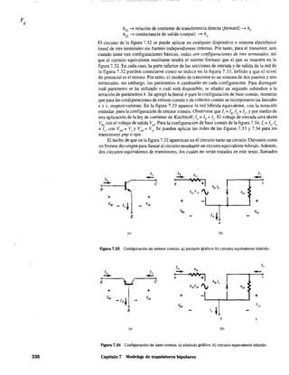 330
---~~--_.~
h21
..... relación de corriente de transferencia directa (forward) ..... h¡
h22
..... conductancia de salida (output) ..... ho
El circuito de la figura 7.32 se puede aplicar en cualquier dispositivo o sistema electrónico
lineal de tres tenninales sin fuentes independientes internas. Por tanto, para el transistor, aun
cuando tiene tres configuraciones básicas, todas son configuraciones de tres terminales, así
que el circuito equivalente resultante tendrá el mismo formato que el que se muestra en la
fIgura 7.32. En cada caso, la parte inferior de las secciones de entrada y de salida de la red de
la figura 7.32 pueden conectarse como se indica en la figura 7.33, debido a que el nivel
de potencial es el mismo. Por tanto, el modelo de transistor es un sistema de dos puertos y tres
terminales; sin embargo, los parámetros h cambiarán en cada configuración. Para distinguir
cuál parámetro se ha utilizado o cuál está disponible, se añadió un segundo subíndice a la
notación de parámetros h. Se agregó la literal b para la configuración de base común, mientras
que para las configuraciones de emisor común y de colector común se incorporaron las literales
e y e, respectivamente. En la figura 7.33 aparece la red híbrida equivalente, con la notación
estándar, para la configuración de emisor común. Obsérvese que li = lb' lo = le' y por medio de
una aplicación de la ley de corriente de Kirchhoff, l,; lb + l,. El voltaje de entrada será ahora
Vbe
con el voltaje de salida Vee. Para la configuración de base común de la figura 7.34, li = le' lo
; l" con V,,; V; Y V,,; Vo' Se pueden aplicar las redes de las figuras 7.33 y 7.34 para los
transistores pnp o npn.
El hecho de que en la figura 7.32 aparezcan en el circuito tanto un circuito Thévenin como
un Norton dio origen para llamar al circuito resultartte un circuito equivalente h[brido. Además,
dos circuitos equivalentes de transistores, los cuales no serán tratados en este texto, llamados
1, lb
hi~
1,
-- - -lb
~- e e
8
'¡
hf~ lb
*
h", VC~ h"
+ +
V",
+ +
l,~ V"
V", ~,
E 1, ~
e
(a) (h)
Figura 7.33 Configuración de emisor común: a) símbolo gráfico; b) circuito equivalente híbrido.
1, 1,
- --E e
+ +
V,b
-lb~
V'b
+
V",
8
b e
(a) (h)
F'tgura 7.34 Configuración de base común: a) símbolo gráfico; b) circuito equivalente híbrido.
Capítulo 7 Modelaje de transistores bipolares
 
