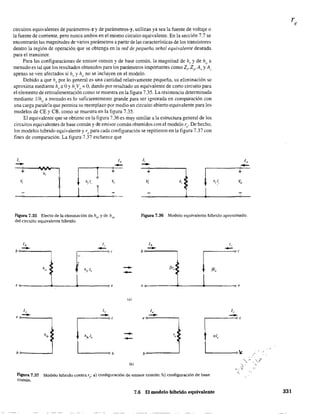 circuitos equivalentes de parámetros-z y de parámetros-y, utilizan ya sea la fuente de voltaje o
la fuente de corriente, pero nunca ambos en el mismo circuito equivalente. En la sección 7.7 se
encontrarán las magnitudes de varios parámetros a partir de las características de los transistores
dentro la región de operación que se obtenga en la red de pequeña señal equivalente deseada
para el transistor.
Para las configuraciones de emisor común y de base común, la magnitud de hr y de ho a
menudo es tal que los resultados obtenidos para los parámetros importantes como Z¡, Zo,A~, y Al
apenas se ven afectados si h,. y ho no se incluyen en el modelo.
Debido a que hr
por lo general es una cantidad relativamente pequeña, su eliminación se
aproxima mediante hr =°y h,.V(}::;. 0, dando por resultado un equivalente de corto circuito para
el elemento de retroalimentación como se muestra en la figura 7.35. La resistencia detenninada
mediante 1Iho a menudo es lo suficientemente grande para ser ignorada en comparación con
una carga paralela que pennita su reemplazo por medio un circuito abierto equivalente para los
modelos de CE y CB, como se muestra en la figura 7.35.
El equivalente que se obtiene en la figura 7.36 es muy similar a la estructura general de los
circuitos equivalentes de base común yde emisor común obtenidos con el modelo r('. De hecho,
los modelos híbrido equivalente y r(' para cada configuración se repitieron en la figura 7.37 con
fines de comparación. La figura 7.37 esclarece que
1, 1, 1;
-- -- -- 1,
-
~ J j i ~; ~ .~
¡---¡-
h¡I,
Figura 7.35 Efecto de la eliminación de hre y de hoe
del circuitc equivalente híbrido.
lb
bO-':""---.,
1,
--r--I:~oc
f hk1b
e~________-4________~ ________~e
1,
--e~__________,
b>--_ _ _...J
1,
--¡,.-------,-<>ce
... hfb lb
1
---
(a)
----
(b)
~ hfl, v,
j o -
Figura 7.36 Modelo equivalente híbrido aproximado.
lb
-bo-:'---.,
eO-----------4-________4-______~e
1, 1,
e ,.=:::P=-------.,
I~C
tal,
bo----...J 11-..--_--001,
". .,/ '. :,3'
.' "-
,",''':''
Figura 7,37 Modelo híbrido contra re: a) configuración de emisor común; b) configuración de base
Común.
,
7.6 El modelo híhrido equivalente 331
 