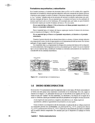 10
Portadores mayoritarios y minoritarios
En el estado intrínseco, el número de electrones libres en Ge o en Si se debe sólo a aquellos
electrones en la banda de valencia que han adquirido suficiente energía de las fuentes térmicas
o lumínicas para romper la unión covalente o a las pocas impurezas que no pudieron eliminar-
se. Las "vacantes" dejadas atrás en la estructura de uniones covalentes representan una canti-
dad muy limitada de huecos, En un material tipo n, el número de huecos no ha cambiado de
manera significativa de su nivel intrínseco, El resultado neto, por tanto, es que el número
de electrones supera por mucho el número de huecos. Por esta razón:
En un material tipo n (figura 1,13a) al electrón se le llama portador mayoritario y el
hueco es el portador minoritario.
Para el material tipo p el número de huecos supera por mucho el número de electrones,
como se muestra en la figura 1.13b. Por tanto:
En un material tipo p el hueco es elportador mayoritario y el electrón es el portador
minoritario.
Cuando el quinto electrón de un átomo donor deja a su átomo, el átomo restante adquiere
una carga positiva neta: de ahí el signo positivo en la representación del ion donar. Por razones
análogas, el signo negativo aparece en el ion aceptor.
Los materiales tipo n y p representan los bloques de construcción básicos de los dispositi-
vos semiconductores. En la siguiente sección se encontrará que la "unión" de un solo material
tipo n con un material tipo p tendrá por resultado un elemento semiconductor de importancia
considerable en los sistemas electrónicos.
Iones donores
Tipo n
Ponadores
mayoritarios
Portadores
minoritarios
Figura 1.13 a) material tipo n; b) material tipo p.
Portadores
mayoritarios
1.6 DIODO SEMICONDUCTOR
Iones aceptores
Tipop
Portadores
minoritarios
En la sección 1.5 se presentaron tanto los materiales tipo n como tipo p, El diodo semiconductor
se fonna con sólo juntar estos materiales (construidos en la misma base: Ge o Si), según se
muestra en la figura 1.14, utilizando técnicas que se describirán en el capítulo 20, En el mo-
mento en que son "unidos" los dos materiales, los electrones y los huecos en la región de la
unión se combinan, dando por resultado una falta de portadores en la región cercana a la unión.
A esta región de iones positivos y negativos descubiertos se le llama región de
agotamiento, debido al agotamiento de portadores en esta región.
Como el diodo es un dispositivo de dos tenninales, la aplicación de un voltaje a través de
sus terminales permite tres posibilidades: sin polarización (VD = O V), polarización directa
(VD> OV) Ypolarización inversa (VD < OV), Cada una es una condición que dará un resultado
que el usuario deberá comprender con claridad para que el dispositivo se aplique en forma
efectiva.
Capítulo l Diodos semiconductores
 