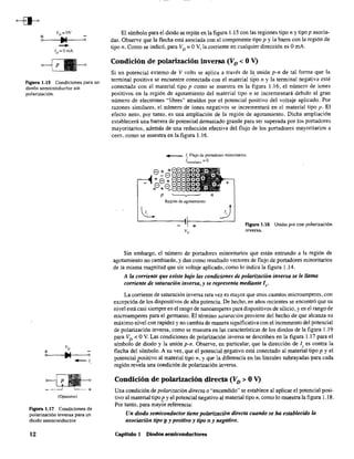 Figura 1.15 Condiciones para un
diodo semiconductor sin
polarización.
+
o---I~M-----<o
_t,
(Opuestos)
Figura 1.17 Condiciones de
polarización inversa para un
diodo semiconductor.
12
El símbolo para el diodo se repite en la figura 1.15 con las regiones tipo n y tipo p asocia-
das. Observe que la flecha está asociada con el componente tipo p y la barra con la región de
tipo n. Como se indicó, para VD = OV, la corriente en cualquier dirección es OroA.
Condición de polarización inversa (VD < OV)
Si un potencial externo de V volts se aplica a través de 1,,: unión p-n de tal forma que la
terminal positiva se encuentre conectada con el material tipo n y la terminal negativa esté
conectada con e1 materia1 tipo p como se muestra en la figura 1.16, el número de iones
positivos en la región de agotamiento del material tipo n se incrementará debido al gran
número de electrones "libres" atraídos por el potencial positivo del voltaje aplicado. Por
razones similares, el número de iones negativos se incrementará en el material tipo p. El
efecto neto, por tanto, es una ampliación de la región de agotamiento. Dicha ampliación
establecerá una barrera de potencial demasiado grande para ser superada por los portadores
mayoritarios, además de una reducción efectiva del flujo de los portadores mayoritarios a
cero, como se muestra en la figura 1.16.
.......-- l., Flujo de portadores minoritarios
1 ,_:::0mayoruarlO
p '---------,---- n
Región de agotamiento
+ Figura 1.16 Unión p-n con polarización
inversa.
Sin embargo, el número de portadores minoritarios que están entrando a la región de
agotamiento no cambiarán, y dan como resultado vectores de flujo de portadores minoritarios
de la misma magnitud que sin voltaje aplicado, como lo indica la figura 1.14.
A la corriente que existe bajo las condiciones de polariUlción inversa se le llama
corriente de saturación inversa, y se representa mediante Is'
La corriente de saturación inversa rara vez es mayor que unos cuantos microamperes, con
excepción de los dispositivos de alta potencia. De hecho, en años recientes se encontró que su
nivel está casi siempre en el rango de nanoamperes para dispositivos de silicio, y en el rango de
microamperes para el germanio. El término saturación proviene del hecho de que alcanza su
máximo nivel con rapidez y no cambia de manera significativa con el incremento del potencial
de polarización inversa, como se muestra en las caractensticas de los diodos de la figura 1.19
para VD < OV. Las condiciones de polarización inversa se describen en la figura 1.17 para el
símbolo de diodo y la unión p-n. Observe, en particular, que la dirección de 1, es contra la
flecha del símbolo. A su vez, que el potencialaegativo está conectado al materia! tipo p y el
potencial positivo a! material tipo n, y que la diferencia en las literales subrayadas para cada
región revela una condición de polarización inversa.
Condición de polarización directa (VD> OV)
Una condición de polarización directa O "encendido" se establece al aplicar el potencial posi-
tivo al materia! tipop y el potencia! negativo al materia! tipo n, como lo muestra la figura 1.18.
Por tanto, para mayor referencia:
Un diodo semiconductor tiene po/arizacibn directa cuando se ha establecido la
asociación tipo p y positivo y tipo n y negativo.
Capítulo 1 Diodos semiconductores
 