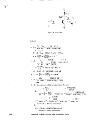 ][
372
9V
?
1.7 kQ
180 ill ~/"
~VII""---<f-'--lf-----o V"
/; 10 ~F
--V, ~ f3 =200. r,/=ooQ
IO~F ......
__ Z"
Z,
Figura 8.29 Ejemplo 8.9.
Solución
Vce - VBE 9V - 0.7 V
a) lB = =RF + (3Re 180 kU + (200)2.7 kU
= 11.53 ¡LA
IE = «(3 + 1)IB = (201)(11.53 ¡LA) = 2.32 mA
r =,
26mV 26mV
32
= 11.21 n
2. mA
re 11.21 U 11.21 U
b) Z, =---'-- ---'---'--- =--'-'-'':''::''''=--
I Re I 2.7 kU 0.005 + 0.015
-+- -+
(3 RF 200 180 kU
= 11.21 U = 50(11.21 U) = 560.5 n
0.02
e) Zo = RcllRF = 2.7 kUII180 kU = 2.66 kn
Re
d) Al' = - - =
r,
27kU
11.21 U -240.86
(200)(180 kU)
180 kU + (200)(2.7 kU)
e) A = (3RF
, RF + (3Rc
= 50
f) 2¡: La condición ro;;:: IORc no está satisfecha. Por tanto,
2.7 kUI120 kU
1+ 180kU
1 + 1 + 2.7 kUI120 kU
(200)(11.21) 180kU (l80kU)(I1.21 U)
2.38 kU
1 + 180kU
= =
0.45 X 10-3
+ 0.006 X 10-3
+ 1.18 X 10 3
= 617.7 U vs. 560.5 U anterionnente
2:o
20 = rollRcllRF= 20 kU112.7 kUII180 kU
= 2.35 kQ VS. 2.66 kQ anterionnente
Capitulo 8 Análisis a pequeña señal del transistor bipolar
1 + 0.013
1.64 X 10 3
 