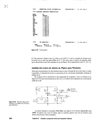 J[
Figura 8.59 Red de la figura 8.56
después de la aplicación de PSpice
para Windows.
398
..... OPERATING POINT INFORMATION
*••* BIPOLAR JUNCTION TRANSISTORS
HAllE
MOOEL
lB
le
VBE
VBC
veE
BETAOC
GM
RPl
RX
RO
CSE
CSC
CBX
CJS
BETAAC
n
•••*
Q1
QMODEL
1. 48E-OS
1.)3E-OJ
6.80'f:-Ol
-1.02E"Ol
1. 09E+Ol
9.00E+Ol
5.16E-02
1. 74E+03
O.OOE+OO
l.OOE+12
O.OOE+OO
O.OOE+OO
O.OOE+OO
O.OOE+OO
9.00E+Ol
8.21E+17
AC ANALYSIS
FREQ 111<(3,0) VP(3,O)
1.000E+04 3.504E-Ol -1.776E+02
Figura 8.58 Continuación.
TEMPERATURE 27.000 OEG e
TEMPERATURE 'C 27.000 DEG e
8.2. En especial se observa que VBE ahora es de 0.68 Y, el cual se compara de manera muy
favorable con el valor fijo aproximado de 0.7 V. Por tanto, para el análisis de pequeña señal
que se desarrolló en este libro mediante el uso de PSpice, IS se especificará como 5 x 10-15 A.
Análisis del centro de diseño de PSpice para Windows
Ahora que se presentaron los movimientos básicos para el desarrollo de la red sobre la malla
esquemática, la descripción actual se concentrará en las variaciones presentadas mediante el
análisis de ac.
En la figura 8.56 se desarrolla la red empleando los esquemas, como se muestra en la
figura 8.59. Se observan la fuente de ac de 1 mY y el símbolo de la impresora en la terminal de
salida de la red.
+
---l-VCC
I
22V
Rl
56k
2.6 79'
e
VS~~.'mvy ~r 8.~~ ~
•+
Re
6.8< '3.1090
01
02N2222 .9911
RE t""-~i-c-,~p
15k t j'20uF
AC=ok
MAG=ok
PHASf=ok
La fuente senoidal es una parte (New Part) que aparece en la librería source.slb como
VSIN. Al oprimir dos veces la fuente sobre el esquema aparece una lista de atributos que
deben seleccionarse. Para el ejemplo,
Capítulo 8 Análisis a pequeña señal del transistor bipolar
 