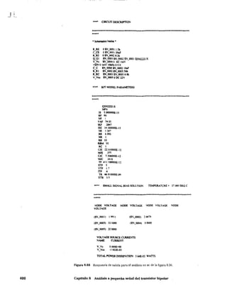 400
•••• CIRCV1T DESCRIPTION
....................................................................................
R RE O$N 0001 LSk
e-CE OSN:OOOI2Ouf
R:R2 oSN_OOO2 8,2k
<LQI SN_oooJ SN_OOO2 SN_OOOI Q2N=-X
V Vs. $N 00040 AC huV
+SlN oJmV10kHz ooo
C_C SN_OOO4SN_OOO2 lOuF
R_RI SN_OOO2SN_OOOS S6i<
R Re SN 0003 SN OOOS 6.11k
V=Vc:c SN)OOSOOC22V
•••• arr MODEL PAIlAMETERS
•..••..••••....•..•....•..••.........••..........•.....•........•........
......
Q2N=-X
NPS
IS ,..OOOOOOE-l S
BF 90
NF 1
VAF 7403
1KF .2141
ISE 14 34OOOOE-1 S
NE 1 307
.BR 6.092
NR I
RB 10
R.BM 10
RC I
CJE 22.010000E_12
MJE .377
CJC 7.306000E.12
MJC 3416
TF 411.1oooo0E-12
XTF 3
VTF 1.7
!TF .6
TR 46_910000E..()9
XTB U
.... s."dAl.L SIGNAL BIAS SOLLiIQN TEMPERATI..;"R.E:- 27.000 DEG e
...............................................................................
NODE VOLTAGE NODE VOLTAGE :'ItQDE VOLTAGE NODE
vOLTAGE
(SS))OOI) 1.9911
(S"_0003) 13.1090
($N_OOO3) Z2 0000
(S"S_0002) 2.6679
($N-"004) 00000
VOl..TAGE SO¡;RCE ClJRRE!','TS
NAME ctJ!UU¡Nf
O.OOOE+OO
-1653E"()3
TOTALPOWERDISSlPATION 364E-02 WATTS
Figura 8_60 Respuesta de salida para el análisis en ac de la figura 8.56.
Capítulo 8 Análisis a pequeña señal del transistor bipolar
 