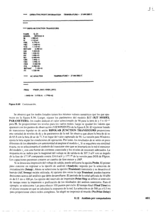 •••• O'PEllATIN:GPOINTINfOllMATION 'I'EMPfllAnJRE= 27.000DEGC
................................•.....•...•...........••.•.....••••.....•
.....
•••• BIPOLAR. JUNCfION TRANSIStQR.S
NAME Q..Ql
MOPEL Q2N2222~X
I8 .99E-OS
le 1.31E~3
VBE 6.77E-OI
VBC ·1.04E+01
VCE 1.l1E+Ol
BETAOC 6.SBE-+o}
GM 5.03E..02
RPl 1.42E+03
R.X I.OOE+Ol
RO 6.46E.~
CBE 5.80E~11
CBC 2.9OE~12
CBX O.OOE+OO
CJS O.OOE-+OO
BETAAC 7.l5E+OI
Fr 1.32E+08
.... AC ANALYSlS TEMPERATUltE '" 27.000 DEG e
.......................................•••••.....................••.••.•.
LOOOE-+-04 3073E-Ol -L719E+Q2
Figura 8.60 Continuación.
Se observa que los nodos listados tienen los mismos valores numéricos que los que apa-
recen en la figura 8.56. Luego. siguen los parámetros del modelo BJT (BJT MODEL
PARAMETERS). los cuales indican el valor seleccionado de 90 para la beta dc y 5 X 10-15
para IS. Se proporcionan los niveles para los varios nodos: luego se igualan los valores que
aparecen con los puntos de observación (VIEWPOINTS) de la figura 8.56. El siguiente listado
de transistores bipolar es de unión BIPOLAR JUNCTION TRANSISTORS proporciona
una variedad de niveles de de y de parámetros de la red. Se observa que ahora la beta de de es
de 65.8 con la beta de ac de 71.5 en lugar del valor capturado de 90. La versión para Windows
ajusta la beta según las condiciones de operación. Por tanto. los resultados de ac serán un poco
diferentes de los obtenidos con anterioridad al emplear el modelo re' Si se requiriera una similitud
exacta. no se seleccionaría el símbolo del transistor sino que se insertaría en la red el transistor
del modelo re con una fuente de corriente controlada y los niveles de resistores adecuados. La
respuesta en ac indica que la magnitud del voltaje ac de salida es de 3()7.3 mV con un ángulo
de la fase de 177.9° comparado contra 334.0 mV y 177.7° de la versión para DOS de PSpice.
Los capacitares presentes crearon un cambio de fase menor a 180º.
Si se desea una impresión del voltaje de salida. puede utilizarse la opción Probe. El primer
paso consiste en regresar a la opcíón de análisis (Analysis) seguido por la selección de
inicialización (Setup). Ahora se selecciona la opción (Transient) transitorio y se desactiva el
barrido (AC Sweep) recién utilizada. Al oprimir dos veces la caja Transient. pueden hacerse
decisiones acerca del análisis que debe desarrollarse. El periodo de la señal aplicada de 10kHz
es de 0.1 ms o 100 ps. La opción del intervalo de impresión Print Step se refiere al intervalo
de tiempo entre la impresión o graficación de los resultados del análisis transitorio. Para el
ejemplo. se selecciona I ps para ofrecer 100 puntos por ciclo. El tiempo final (Final Time) es
el último instante en que se calculará la respuesta de la red. La selección es de 500 fls o 0.5 ms
para proporcionar cinco ciclos completos. Se eligió no imprimir el retardo (No-Print Delay)
8.13 Análisis por computadora
JL
401
 
