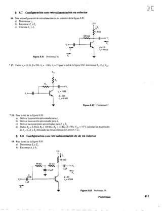 § 8.7 Configuración con retroalimentación en colector
16. Para la configuración de retroalimentación en colector de la figura 8.81:
a) Detenninar re'
b) Encontrar ZI y Zo'
e) Calcular Av y Al'
Figura 8.81 Problema 16.
220kU
v, o-------}'I--~---I
-1,
--Z¡
...
3.HU
p= 120
rQ
=40kO
*17. Dados re= 10 Q. !3=200,A.= -160 y Al = 19 para la red de la figura 8.82, determinar Rc' RrY Vcc
V¡ o---JI--~--I
*18. Para la red de la figura 8.30:
...
P=200
r(J=80kO
a) Derivar la ecuación aproximada para A,.
b) Derivar la ecuación aproximada para Aj'
e) Derivar las ecuaciones aproximadas para Z¡ y Zo'
Figura 8.82 Problema 17.
d) DadosRc = 2.2 kQ. RF
= 120 kQ, RE
= 1.2 kQ. f3~90 y Vcc = lOV. calcularlas magnitudes
de Av' A¡, ZI y 20 utilizando las ecuaciones de los incisos (l a c.
§ 8.8 Configuración con retroalimentación de dc en colector
19. Para la red de la figura 8.83:
a) Detenninar Zi y Zo'
b) Encontrar Al.' y Al'
9V
39 kn 22 kn
,.-'VVr-,........'Nt--+---l~ v,
¡ IO~F
I¡
-V¡ o--}I--~------l
-Z¡
1 ~F
I ~F
--Z,
Figura 8.83 Problema 19.
Problemas
][
411
 