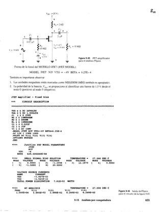 VDD (+20V)
o
! 6
~RD~2kQ
~ C~- 4
el
,!----i1---.2_-----;~
 0,02 ,uF
O,~'
- ~ 1
+ I
v,==!OmV',
-1
Re
IOMn
5 I, - ,'
...i... ce
Vp ::: -4 '
i 1",," 10 mA
~ IOMn
i
........
1.5 V
1O
Figura 9.45 JFET amplificador
para el análisis PSpice.
Forma de la lineal del MODELO JFET (JFET MODEL):
.MODEL JFET NJF VTO =-4V BETA =6.25E-4
También es importante observar:
l. Las unidades megaohms están marcadas como MEOOHM (MEO también es apropiado).
2. La polaridad de la batería. VCG' se proporciona al identificar una fuente de 1.5 V desde el
nodo O(positivo) al nodo S (negativo).
3FET Amplifier - Fixed bias
*.* CIRCUIT DESCRIPTION
••*********.*****•••**********.*•••••*.**************•••••••••• **.****••**
vao 6 O OC 20VOLTS
VGG O 5 OC 1.5VOLTS
J1 3 2 O JFET
RG 2 5 10MEGOHM
RO 6 3 2KOIIM
RL 4 O lOMEGOfIH.
el 1 2 O.02UF
e2 3 4 2UF
VIlO AC lOMV
.MOOEL JFET NJF VTO=-4V BETA-6.25E-4
.AC LIN 1 leRH lOKH
.PRINT Ae V(l) V(2) V(3) V(4)
,OPTIOIlS NOPAGE
,END
**** Junction FET MODEL PARAMETERS
JFET
NJF
VTO -4
BETA 625.000000E~06
**** SMALL SIGNAL BIAS
HODE VOLTAGE NODE
( 1) 0,0000 ( 2)
( 5) -1. 5000 ( 6)
VOLTAGE
NlIIE
VDD
SOURCE CURRENTS
CJRRENT
-3 .. 907E-03
-1. 521E-ll
SOLUTION
VOLTAGE
-1.4998
20.0000
TEMPERATURE -
NODE VOLTAGE
( 3)' 12.1870
27,000
NODE
( 4 )
DEG C
VOLTAGE
0.0000
VGG
TOTAL POWER DISSIPATION 7.81E-02 WATTS
**** AC AHALYS!S TEMPERATURE 27.000 DEG e
FREQ V(l) V(2) V(J) V(4)
1.OOOE+04 1.000E-02 1.000E-02 6.249E-02 6.249E-02
9,15 Análisis por computadora
Figura 9.46 Salida de PSpice
para. el circuito de la figura 9.45.
455
 