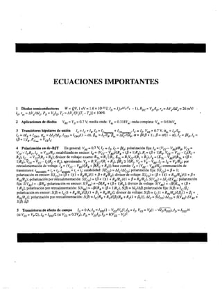 ECUACIONES IMPORTANTES
1 Diodos semiconductores W =QV, I eV =1.6 x 10-'9J,lD =1,(ekVD
ff, - 1), RDC = VDIID, rd = I!.V/Md
= 26 mVl
ID' r" =I!.V/Md , PD=VdD, Te =I!.V/[V,(T,- To)] x 100%
2 Aplicaciones de diodos VBE = VD =0.7 V; media onda: Vdo
=0.318Vm
; onda completa: Vdo
=0.636Vm
4 Polarización en dc-BJT En general: VBE = 0.7 V, Ic = lE' Ic =f31B; polarización fija: lB =(Vcc- VBE)/RB, VCE =
Vcc-lcRc- Ic~ = Vcc'Ró estabilizada en emisor: lB = (Vcc- VBE)/(RB+ (13+ I)RE), R¡= (13+ I)RE' VCE = Vcc-I¿"Rc+
RE),ICw =Vcc/(Re + RE); divisor de voltaje: exacto: RTh =R, 11 R2, ETh =R2Veel(R, + R2), lB =(ETh - VBE)I(RTh + (13 +
l)RE), VeE = Vcc-I¿"Rc + RE)' aproximado: VB=R2Vee/(R, + R2), f3RE? IOR2, VE =VB- VBE' Ic = lE =V¡;IRé por
retroalimentación de voltaje: lB = (Vee- VBE)/[RB+ f3(Re + RE)]; base común: lB = (VEE - VBE)/Ré conmutación de
transistores: le,,,,,"do =t, + Id' I,p, ,do =1, + 11; estabilidad: S(leo) =Me/Meo; polarización fija: S(leo) =13 + 1;
polarización en emisor: S(leo) = (~+ 1)(1 + RIRE)/(l + 13 + RIRE); divisor de voltaje: S(lco) = (13 + 1)(1 + RnfRE)/(l + 13 +
RnfRE); polarización por retroalimentación: S(lco) = (13 + 1)(1 + R/Rc)/(l + 13 + RB/Re), S(VBE) = M¿I!.VBé polarización
fija: S(VBE) = -/3IRB; polarización en emisor: S(VBE) = -/3I[RB+ (13 + l )RE]; divisor de voltaje: S(VBE) = -/3I[RTh + (13 +
I)RE]; polarización por retroalimentación: S(VBE) =-/3I(RB+ (13+ I)Re), S(f3J =M e/l!..f3; polarización fija: S(f3J =le,lf3,;
polarización en emisor: S(f3J = Ic,o + RBIRE)/[I3,(I + 132+ RBIRE)]; divisor de voltaje: S(f3J = le,o + RThIRE)/[f3¡(l + 132+ _
RTh/RE)]; polarización por retroalimentación: S(f3J = Ic,(RB+ Rc)/[f3,(RB + R¿"I + 132))], Me = S(lco) Meo + S(VBE) I!.VBE +
S(f3J I!.f3
5 Transistores de efecto de campo IG=OA, ID =IDSS(l- VGS/Vp)2, ID =Is' VGs = Vp(l- V/D/IDSS)' ID = IDSS/4
(si VGS =Vp/2), ID =IDSs'2 (si VGS = O.3Vp), PD=VDSID' ID =k(VGS - VT)2
 