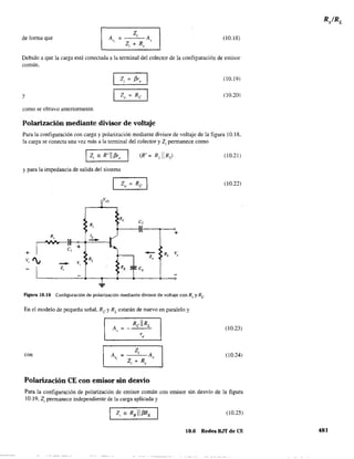 de fonua que Al'.,
Z,
A,=
Z, + R,
(10.18)
Debido a que la carga está conectada a la terminal del colector de la configuración de emisor
común,
(10.19)
y (10.20)
como se obtuvo anteriormente.
Polarización mediante divisor de voltaje
Para la configuración con carga y polarización mediante divisor de voltaje de la figura 10.18,
la carga se conecta una vez más a la terminal del colector y Z¡ permanece como
Iz, " R' 11 /3r, (R' = R,IIR2) (10.21)
Ypara la impedancia de salida del sistema
Zo Re (10.22)
Vce
Re
C,
R,
lb
+
~I --+
+
- RE V.
V, ', R, Z.
-- V,
Z, RE CE
....
Figura 10.18 Configuración de polarización mediante divisor de voltaje con Rs y RLo
En el modelo de pequeña señal. Re y RL estarán de nuevo en paralelo y
A
RellRL
=, (10.23)
r,
con A
Z,
A,=0.
Z, + R,
(10.24)
Polarización CE con emisor sin desvío
Para la configuración de polarización de emisor común con emisor sin desvío de la figura
10.19, Z¡ permanece independiente de la carga aplicada y
(10.25)
10.6 Redes BJT de CE 481
 