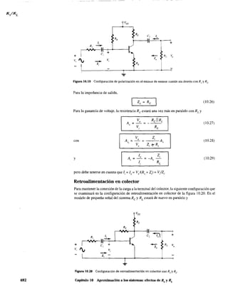 KsIK L
482
Vee
Re e, 1"
R,
-1, +
~, +
+
- R, V,
V,
'"
v, l,
-l, RE
.".
Figura 10.19 Configuración de polarización en el emisor de emisor común sin desvío con R" y Re
Para la impedancia de salida,
(10.26)
Para la ganancia de voltaje, la resistencia Re estará una vez más en paralelo con RL
y
A,
Vo RcllRL
= = ----
V RE,
(10.27)
con
V ZiA = _0_ ~ A,
" V Z¡+Rs,
(10.28)
y (10.29)
pero debe tenerse en cuenta que Ii ~ Is = V,I(Rs+ Z) ~ V/Z,.
Retroalimentación en colector
Para mantener la conexión de la carga a la terminal del colector, la siguiente configuración que
se examinará es la configuración de retroalimentación en colector de la figura 10.20. En el
modelo de pequeña señal del sistema Re y RL
estará de nuevo en paralelo y
+
-z,
v,
v,
Figura 10.20 Configuración de retroalimentación en colector con Rs y RL
•
Capítulo 10 Aproximación a los sistemas: efectos de Rs y RL
 