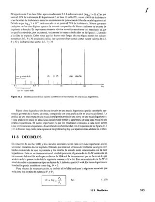 El logaritmo de 2 en base lOes aproximadamente 0.3. La distancia de l (lag10 1 = O) a 2 es por
tanto el 30% de la distancia. El logaritmo de 3 en base JO es 0.477 1, o casi el 48% de la distancia
(casi la mitad de la distancia entre los incrementos de potencias de lOen la escala logarítmica).
Debido a que !oglO 5 := 0.7. está marcado en un punto a170% de la distancia. Nótese que entre
cualquier de los dos dígitos aparece la misma compresión de líneas confonne se avanza de
izquierda a derecha. Es importante observar el valor numérico resultante y el espaciado. ya que
las gráficas tendrán, por lo general. solamente las marcas indicadas en la figura 11.2 debido
a la faIta de espacio. Debe notar que las barras más largas de esta figura tienen los valores
numéricos 0.3. 3 Y30 asociados a ellas, las siguientes barras más cortas tienen valores de 0.5.
S YSO Ylas barras más cortas 0.7. 7 Y70.
casi la mitad (03) (3) (5) (7) (30) (50)(70)
,.---A--,
I I I I I I I i
0.1 0.7 10 lOO log
~
Cl'ii tres cuanos (0..5)
Figura 11.2 Identificación de los valores numéricos de las marcas en una escala logarítmica.
Fíjese cómo la graficación de una función en una escala logarítmica puede cambiar la apa-
riencia general de la forma de onda, comparada con una graficación en una escala lineal. La
gráfica de una línea recta en una escala lineal puede producir una curva en una escala logarítmica,
y una gráfica no lineal en una escala lineal puede tomar la apariencia de una línea recta en una
gráfica logarítmica. El punto importante es que los resultados extraídos a cada nivel deben
éstar correctamente etiquetados. desarrollando una familiaridad con el espaciado de las figuras 11.1
y 11.2. Esto es muy cierto para algunas de las gráficas lag-lag que aparecen más adelante en el libro.
11.3 DECIBELES
El concepto de decibel (dB) y los cálculos asociados serán cada vez más importantes en las
secciones restantes de este capítulo. El fondo que rodea al término decibeZ tiene su origen en el
hecho establecido de que la potencia y los niveles de sonido están relacionados con la base
logarítmica. Esto es, un incremento en el nivel de potencia, digamos de 4 a 16 W, no resulta un
incremento del nivel de audio por un factor de 16/4 = 4. Se incrementará por un factor de 2, que
se deriva de la potencia de 4 de la siguiente manera: (4)2 = 16. Para un cambio de 4 a 64 W, el
nivel de audio se incrementará por un factor de 3, debido a que (4)3 = 64. En forma logaritmica,
la relación puede escribirse como log4 64 = 3.
Para efectos de estandarización. se definió al beZ (B) mediante la siguiente ecuación que
relaciona los niveles de potencia PI y P2:
bel (11.9)
11.3 Decibeles
f
513
 