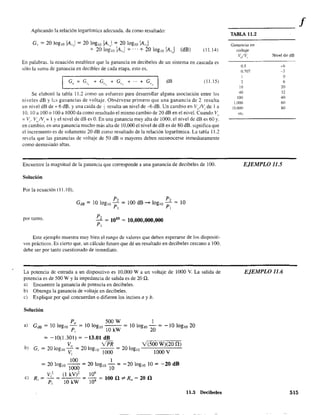 Aplicando la relación logarítmica adecuada. da como resultado:
G, = 20 loglo lA,) = 20 loglo IA"I + 20 10glO IA"I
+ 20 laglO lA,.,! + ... + 20 loglo IA,J (dB) (11.14)
En palabras. la ecuación establece que la ganancia en decibeles de un sistema en cascada es
sólo la suma de ganancia en decibles de cada etapa. esto es.
dB (11.15)
Se elaboró la tabla 1l.2 como un esfuerzo para desarrollar alguna asociación entre los
niveles dB y 1;:.s ganancias de voltaje. Obsérvese primero que una ganancia de 2 resulta
un nivel dB de + 6 dB. Yuna caída de +resulta un nivel de -6 dB. Un cambio en Vo/V¡ de 1 a
10. lOa 100 o 100 a 1000 da como resultado el mismo cambio de 20 dB en el nivel. Cuando V"
:::: VI' V(J/VI
:::: 1y el nivel de dB es O. En una ganancia muy alta de 1000. el nivel de dB es 60 y.
en cambio. en una ganancia mucho más alta de 10,000 el nivel de dB es de 80 dB. significa que
el incremento es de solamente 20 dB como resultado de la relación logarítmica. La tabla 11.2
revela que las ganancias de voltaje de 50 dB o mayores deben reconocerse inmediatamente
como demasiado altas.
Encuentre la magnitud de la ganancia que corresponde a una ganancia de decibeles de 100.
Solución
Por la ecuación (11.10),
por tanto.
P2
100 dB --- loglo - = lO
PI
P2
= 1010
= 10,000,000,000
PI
Este ejemplo muestra muy bien el rango de valores que deben esperarse de los dispositi-
vos prácticos. Es cierto que, un cálculo futuro que dé un resultado en decibeles cercano a 100.
debe ser por tanto cuestionado de inmediato.
La potencia de entrada a un dispositivo es 10,000 W a un voltaje de 1000 V. La salida de
potencia es de 500 W y la impedancia de salida es de 20 Q.
a) Encuentre la ganancia de potencia en decibeles.
b) Obtenga la ganancia de voltaje en decibeles.
c) Explique por qué concuerdan o difieren los incisos a y b.
Solución
1Po 500 W
a) GdB = lO loglo - = lO 10glO - - -
P, lO kW
lO logl~ - = -10 loglo 20
20
= -10(1.301) = -13.01 dB
Vo VPR V(500 W)(20 !1)
b) G, = 2010"10 - = 20 loglo - - = 2010"10 -'-------'-'--'-
b Vi 1000" 1000 V
lOO I
= 20 10°10 - - = 20 10010 - = -20 loglo 10 = -20 dB
b 1000 "10 -
v2
e) R =-'
I Pi
(1 kV)' 106
""1""O""k-:-'W"" = -10-4 = 100 n "'" Ro = 20 n
11.3 Decibeles
f
TABLA 11.2
Ganancia en
voltaje
V/V, Nivel de dB
0.5 -6
0.707 -3
O
2 6
10 20
40 32
100 40
1.000 60
10.000 80
etc.
EJEMPLO 11.5
EJEMPLO 11.6
515
 