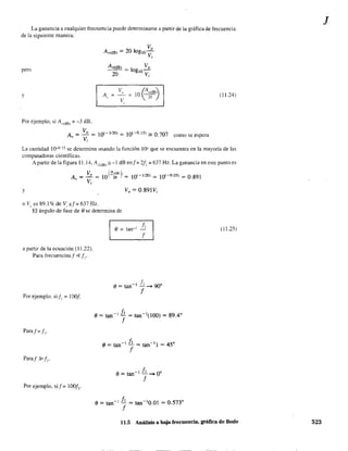 La ganancia a cualquier frecuencia puede determinarse a partir de la gráfica de frecuencia
de la siguiente manera: .
pero
y A,
Por ejemplo. si A'(dBJ = -3 dB.
Av = VD = 10(-3120) = 10(-0.15) ~ 0.707
V,
(11.24)
como se espera
La cantidad 10-0 15 se determina usando la función lO~ que se encuentra en la mayoría de las
computadoras científicas.
A partir de la figura 11.14. A,(dBI =-1 dB enf= 2fl
= 637 Hz. La ganancia en este punto es
(A",,)10.20 = 10(-1/20) = 10(-0.05) = 0.891VD
A =-=
v Vi
y VD = 0.891 V,
o V" es 89.1% de VI af= 637 Hz.
El ángulo de fase de ese determina de
e = tan-I f l
(11.25)
f
a partir de la ecuación (11.22).
Para frecuencias f <{ JI'
Por ejemplo. sifl = lOO!,
Paraf=f l •
Paraf ~ fJ'
Por ejemplo. si f = 100fl.
11.5 Análisis a baja frecuencia, gráfica de Bode
J
523
 