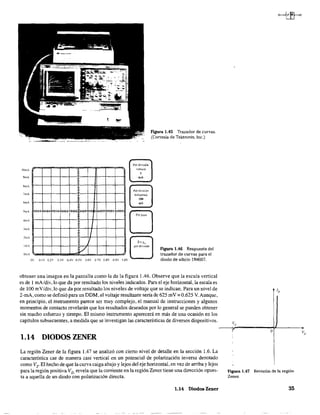 lOmA
9mA
SmA
7mA
&mA
'mA
'mA
3mA
2mA
lmA
DmA
V
Por divi~ión
VenIC;¡
I
mA
Pordjvi~ión
horilOntal
100
m'
figura 1.45 Trazador de curvas.
(Cortesía de Tektronix, lne.)
Ur> o g",
por diVj,ión
ov O,IV 0.21 03V 0.41 O,SV 0.6V 0.71 O.SV 0,9V 1.0V - - - -
Figura 1.46 Respuesta del
trazador de curvas para el
diodo de silicio IN4007.
obtener una imagen en la pantalla como la de la figura 1.46. Observe que la escala vertical
es de I mA/div, lo que da por resultado los niveles indicados. Para el eje horizontal, la escala es
de 100 mV/div, lo que da por resultado los niveles de voltaje que se indican. Para un nivel de
2-mA, como se definió para un DDM,el voltaje resultante sería de 625 mV = 0.625 y. Aunque,
en principio, el instrumento parece ser muy complejo, el manual de instrucciones y algunos
momentos de contacto revelarán que los resultados deseados por lo general se pueden obtener
sin mucho esfuerzo y tiempo. El mismo instrumento aparecerá en más de una ocasión en los
capítulos subsecuentes, a medida que se investigan las características de diversos dispositivos.
1.14 DIODOS ZENER
La región Zener de la figura 1.47 se analizó con cierto nivel de detalle en la sección 1.6. La
característica cae de manera casi vertical en un potencial de polarización inversa denotado
como Vz.El hecho de que la curva caiga abajo y lejos del eje horizontal, en vez de arriba y lejos
para la región positiva VD. revela que la corriente en la región Zener tiene una dirección opues-
ta a aquella de un diodo con polarización directa.
1.14 Diodos Zener
o
Figura 1.47 Revi.sión de la región
Zener,
35
 