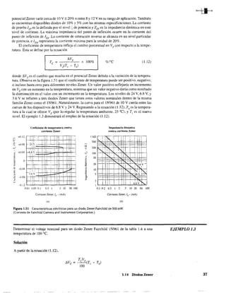 potencial Zener varíe cerca de 10 V ±20% o entre 8 y 12 V en su rango de aplicación. También
se encuentran disponibles diodos de 10% y 5% con las mismas especificaciones. La corriente
de prueba 1ZT es la definida por el nivel ~ de potencia y ZZT es la impedancia dinámica en este
nivel de corriente. La máxima impedancia del punto de inflexión ocurre en la corriente del
punto de inflexión de JZK' La corriente de saturación inversa se alcanza en un nivel particular
de potencia. e 1l.'VI representa la corriente máxima para la unidad de 20%.
El coeficiente de temperatura refleja el cambio porcentual en Vz con respecto a la tempe-
ratunl. Ésta se define por la ecuación ..
%/OC (1.12)
donde ~Vz es el cambio que resulta en el potencia! Zener debido a la variación de la tempera-
tura. Observe en la figura 1.51 que el coeficiente de temperatura puede ser positivo, negativo,
o incluso hasta cero para diferentes niveles Zener. Un valor positivo reflejaría un incremento
en Vz con un aumento en la temperatura. mientras que un valor negativo daría corno resultado
la disminución en el valor con un incremento en la temperatura. Los niveles de 24 V, 6.8 V. y
3.6 V se refieren a tres diodos Zener que tienen estos valores nominales dentro de la misma
familia Zener como el lN96l. Naturalmente. la curva para el lN96l de 10 V caería entre las
curvas de los dispositivos de 6.8 V Y24 V. Regresando a la ecuación (1.12), Tu es la tempera-
tura a la cual se ofrece Vz (por lo regular la temperatura ambiente. 25 OC), YTI es el nuevo
nivel. El ejetuplo l.3 demostrará el empleo de la ecuación (1.12).
Coeficiente de temperatura contra
corriente Zener
+0.12 ,T"'"Tlil~;Tl. -,"'-rT1L"Tl1"1-'l;-rr--c·
E I
::: +0.08 tf-~:2~~~~~'I.='~':l!!=I~!::~*~;!,=¡ttt=1
+Q.G4 tr~''-:·1~J:j:t~i1:!l. ¡tt:::d'j'l:::j, l' , 1 1 '
O f-;...l.¡,!:_.l-+I-tI++-'i ~+!+-1+1-;1-;-1+'l-c
! ! 1, ! 1.11
" ili 1 ' I I ! '
~ -V.04 f-h~3+¿v4-,-'"""1'-+1-+,+--'--'I-+¡¡++III-+--Hj,¡,-I
•~ -008 t~,¿í;j;~=t:t~tljl¡ttj
" i !i I I 1I,!
e f-~'I!-,~+'Ht~-+i_+-jll+¡¡-+,-++HII-+i
-ü 12 L...J..:1-_'-.!.l_-'--'-CL..-'-.l..J.lL.~
0.01 0.050.1 0.5 J 5 10 50 100
CorrÍente Zener. Iz - (mA)
1 kQ
500
el
200
,:' 100
.~ 50
:~ 20
~
"¡¡
• 10
1 5
2
1
! I
";..[
1
,
Impedancia dinámica
contra corriente Zener
K! I
I
I i! !, ,, ,
¡ ,
'-J 1'- , 1 1
""'. . I "- Ir' 1
,
m1v ,
"'
"- ~lJ ~
I 1 1
i
""-6.8 V
0.1 0.2 0.5 1 2 5 10 20 50 100
Corriente Zener. Iz - (mA)
(b)
Figura 1.51 Características eléctricas para un diodo Zener Faírchild de 500 mW.
(Cortesía de Fairchild Camera and Instrument Corporation.)
Detenninar el voltaje nominal para un diodo Zener Fairchild 1N96l de la tabla 1.4 a una
temperatura de lOO oc.
Solución
A partir de la ecuación (1.12).
1.14 Diodos Zener
EJEMPLO 1.3
37
 