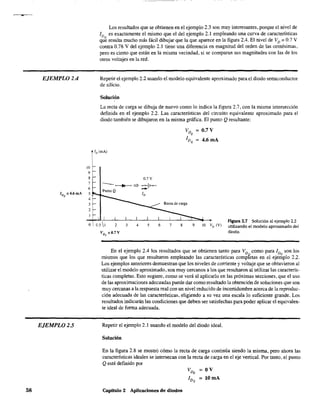 EJEMPLO 2.4
10
9
8
7
6
IDQ
=: 4.6 mA 5
4
3
2
O
EJEMPLO 25
58
Los resultados que se obtienen en el ejemplo 2.3 son muy interesantes, porque el nivel de
ID es exactamente el mismo que el del ejemplo 2.1 empleando una curva de características
qu~ resulta mucho más fácil dibujar que la que aparece en la figura 2.4. El nivel de VD ~ 0.7 V
contra 0.78 V del ejemplo 2.1 tiene una diferencia en magnitud del orden de las centésimas,
pero es cierto que están en la misma vecindad, si se comparan sus magnitudes con las de los
otros voltajes en la red.
Repetir el ejemplo 2.2 usando el modelo equivalente aproximado para el diodo semiconductor
de silicio.
Solución
La recta de carga se dibuja de nuevo como lo indica la figura 2.7, con la misma intersección
definida en el ejemplo 2.2. Las características del circuito equivalente aproximado para el
diodo también se dibujaron en la misma gráfica. El punto Qresultante:
VD ~ 0.7 V
Q
loQ
~ 4.6 mA
1/)(mA)
0.7 V
-- ~ =>-;cIf-o-
-
0.5 1 2 3 4 5 6 7 8 9 10 VD (V)
figura 2.7 Solución al ejemplo 2.2
utilizando el modelo aproximado del
V
DQ
=:O.7V diodo.
En el ejemplo 2.4 los resultados que se obtienen tanto para VD como para IDo son los
mismos que los que resultaron empleando las características compfetas en el ejemplo 2.2.
Los ejemplos anteriores demuestran que los niveles de corriente y voltaje que se obtuvieron al
utilizar el modelo aproximado, son muy cercanos a los que resultaron al utilizar las caracterís-
ticas completas. Esto sugiere, como se verá al aplicarlo en las próximas secciones, que el uso
de las aproximaciones adecuadas puede dar como resultado la obtención de soluciones que son
muy cercanas a la respuesta real con un nivel reducido de incertidumbre acerca de la reproduc-
ción adecuada de las características, eligiendo a su vez una escala lo suficiente grande. Los
resultados indicarán las condiciones que deben ser satisfechas para poder aplicar el equivalen-
te ideal de forma adecuada.
Repetir el ejemplo 2.1 usando el modelo del diodo ideal.
Solución
En la figura 2.8 se mostró cómo la recta de carga continúa siendo la misma, pero ahora las
características ideales se intersecan con la recta de carga en el eje vertical. Por tanto, el punto
Qestá definido por
Capítulo 2 Aplicaciones de diodos
VDQ
= OV
IDo = lOmA
 