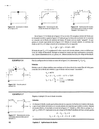 +E
+
E ~=-
+
R V,
~
Figura 2.13 Invirtiendo el diodo
de la figura 2.10.
EJEMPLO 2.6
+Vo
F Si
l'L,
8 V R 2.2kQ
..
Figura 2.16 Circuito para el
ejemplo 2.6.
EJEMPLO 2.7
+V,
--1-
if"'"''''+~ +
E R V,
..Figura 2.14 Determinación del
estado del diodo de la figura 2.13.
+ VD=E
+F
l"t,
+E R V,
..Figura 2.15 Sustitución del modelo
equivalente para el diodo en estado
"apagado" de la figura 2.13.
En la figura 2.13 el diodo de la figura 2.10 se invirtió. El reemplazo mental del diodo por
un elemento resistivo según la figura 2.14 indicará que la dirección resultante de la corriente
no coincide con la flecha del símbolo del diodo. El diodo está en estado "apagado", lo que
genera el circuito equivalente de la figura 2.15. Debido al circuito abierto, la corriente del
diodo es de OA Yel voltaje a través .de la resistencia R es la siguiente:
El hecho de que VR = OV establecerá E volts a través del circuito abierto, como se definió por
la ley de voltaje de Kirchhoff. Siempre se tomará en cuenta que bajo cualesquiera circunstan-
cias, valores instantáneos de de, ac, pulsos, etc., deberá satisfacerse la ley de voltaje de Kirchhoff.
Para la configuración de diodos en serie de la figura 2.16, determinar VD' VRe ID'
Solución
Debido a que el voltaje establece una corriente en la dirección de las manecillas del reloj para
coincidir con la flecha del símbolo y que el diodo está en estado "encendido",
VD = 0.7 V
VR=E-VD =8V-O.7V=73V
VR 7.3 V
ID=IR= = _332mA
R 2.2kn
Repetir el ejemplo 2.6 con el diodo invertido.
ID = OA o---l1 Solución
L VD - 'R = O: Al eliminar el diodo, resulta que la dirección de 1es opuesta a la flecha en el símbolo del diodo,
E 8V R 2.2 ka V
R
y que el equivalente del diodo es el circuito abierto sin importar qué modelo se utilice. Debido
..Flgura 2.17 Determinación de las
cantidades desconocidas para el
ejemplo 2.7.
62
al circuito abierto, el resultado es la red de la figura 2.17 , donde ID = OA. Esto es porque VR =
l~, VR = (O)R=O V. Aplicando la ley de voltaje de Kirchhoff alrededor del lazo cerrado genera
y
E - VD - VR =O
VD=E-VR=E-O=E =8V
Capítulo 2 Aplicaciones de diodos
 