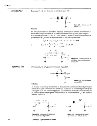 EJEMPLO 2.9
EJEMPLO 2.10
64
Determinar V, e ID para el circuito en serie de la figura 2.21.
Si G, IR
+12V V,
-ID
5.6 kO
Solución
Figura 2.21 Circuito para el
ejemplo 2.9.
Un enfoque similar que se aplicó en la figura 2.6 revelará que la corriente resultante tiene la
misma dirección que las flechas de los símbolos de ambos diodos, y que la red de la figura 2.22
es el resultado, porque E =12 V > (0.7 V + 0.3 V) =1 V. Nótese la fuente redibujada de 12 V
Yla polaridad de Vo
a través de la resistencia de 5.6 kQ. El voltaje resultante
Vo = E - VT , - VT , = 12 V - 0.7 V - 0.3 V = 11 V
VR Vo 11 V
[D=[R=-=-= 0'1,96mA
R R 5.6kQ
e
Determinar ID' VD, Y Vopara el circuito de la figura 2.23.
+ VD2 -
Solución
Si Si
+12 v o---~---f4I--ri-:-<' V,
IR
5.6 kn
Figura 2.22 Determinación de las
cantidades desconocidas para el
ejemplo 2.9.
Figura 2.23 Circuito para el
ejemplo 2.10.
Al eliminar los diodos y al determinar la dirección de la corriente resultante 1 generará el
circuito de la figura 2.24. Existe una similitud en la dirección de la corriente para el diodo de
silicio. pero no así para el diodo de g~l?Danio. La combinación de un corto circuito en serie con
un circuito abierto siempre genera como resultado un circuito abierto e ID = OA, como lo
señala la figura 2.25.
FIgura 2.24 Determinación del estado
de los diodos de la figura 2.23.
Capítulo 2 Aplicaciones de diodos
?
1= o
-
Figura 2.25 Sustitución del estado
equivalente para el diodo abierto.
 