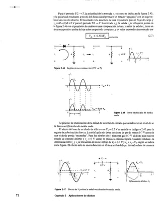 72
Para el periodo T/2 ---'> T, la polaridad de la entrada v; es como se indica en la figura 2.45,
y la polaridad resultante a través del diodo ideal produce un estado "apagado" con un equiva-
lente de circuito abierto. El resultado es la ausencia de una trayectoria para el flujo de carga y
Vo = iR = (O)R = OV para el periodo T/2 ---'> T. La entrada v; y la salida va se dibujaron juntas en
la figura 2.46 con el propósito de establecer una comparación. Ahora, la señal de salida v(J tiene un
área neta positiva arriba del eje sobre un periodo completo, y un valor promedio detenninado por
Vdc = 0.318Vm Imediaonda (2.7)
+ v"
R "0 = OV
Figura 2.45 Región de no conducción (T/2 ~ T).
....,.o+-+--,f--¡....,......,--~ Vd':: = OV
...
o .L T
2
o
-r- Figura 2.46 Señal rectificada de media
onda.
Al proceso de eliminación de la mitad de la señal de entrada para establecer un nivel de se
le llama rectificación de media onda.
El efecto del uso de un diodo de silicio con Vr = 0.7 V se señala en la figura 2.47 para la
región de polarización directa. La señal aplicada debe ser abara de por lo menos 0.7 V antes de
que el diodo pueda "encender". Para los niveles de v; menores que 0.7 V el diodo aún está en
estado de circuito abierto y V
o := OV, como lo indica la misma figura. Cuando conduce, la
diferencia entre voY Vi se encuentra en un nivel fijo de VT= 0.7 V YVo= Vi - Vr según se indica
en la figura. El efecto neto es una reducción en el área arriba del eje, la cual reduce de manera
+ vr -
¡--o-jt---o~-~+
O.7V
R
Figura 2.47 Efecto de VT sobre la señal rectificada de media onda.
Capítulo 2 Aplicaciones de diodos
11
I 11
o I 11 T T t
~2
Defasamiento debido a VT
 