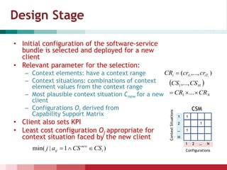 Design Stage
• Initial configuration of the software-service
bundle is selected and deployed for a new
client
• Relevant parameter for the selection:
– Context elements: have a context range
– Context situations: combinations of context
element values from the context range
– Most plausible context situation Cnew for a new
client
– Configurations Oj derived from
Capability Support Matrix
• Client also sets KPI
• Least cost configuration Oj appropriate for
context situation faced by the new client
1
1
1
1 N2 …
1
H
2
…
Configurations
ContextSituations
CSM
),...,( 1 iiTii crcrCR 
 
N
H
CRCR
CSCS
 ...
,...,
1
1
)1|min( i
new
ij CSCSaj 
 