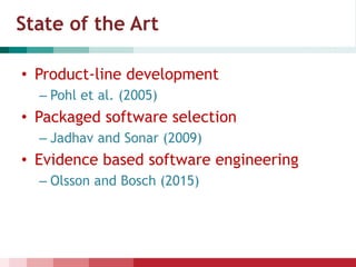 State of the Art
• Product-line development
– Pohl et al. (2005)
• Packaged software selection
– Jadhav and Sonar (2009)
• Evidence based software engineering
– Olsson and Bosch (2015)
 