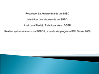 Reconocer La Arquitectura de un SGBD

                   Identificar Los Modelos de un SGBD

                Analizar el Modelo Relacional de un SGBD

Realizar aplicaciones con un SGBDR, a través del programa SQL Server 2008
 