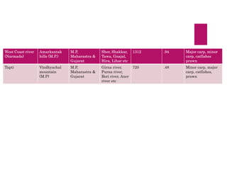 West Coast river
(Narmada)
Amarkantak
hills (M.P.)
M.P,
Maharastra &
Gujarat
Sher, Shakkar,
Tawa, Gnajal,
Hira, Lihar etc
1312 .94 Major carp, minor
carp, catfishes
prawn
Tapti Vindhyachal
mountain
(M.P)
M.P,
Maharastra &
Gujarat
Girna river,
Purna river,
Bori river, Aner
river etc
720 .48 Minor carp, major
carp, catfishes,
prawn
 