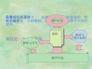 由此可见，课程不仅仅是教材，实施课程改革的过程也不仅仅是编写新教材、改进教学手段和教学方法的过程。 课程是一个生态系统。   课程 教师与学生 教材与 教学材料 教学情景 教学环境 