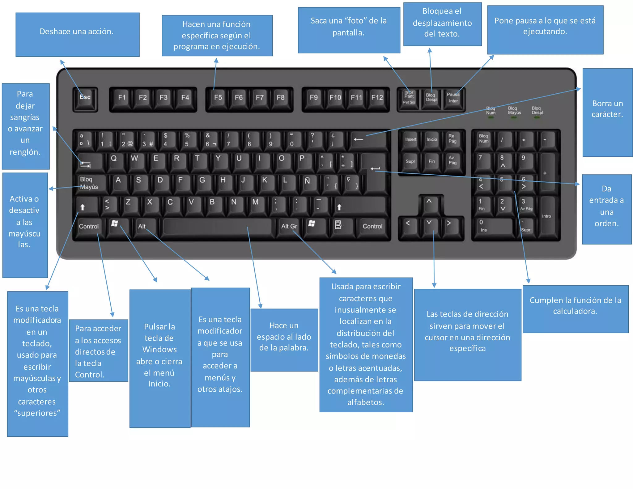 Deshace una acción.
Hacen una función
específica según el
programa en ejecución.
Cumplen la función de la
calculadora.Las teclas de dirección
sirven para mover el
cursor en una dirección
específica
Usada para escribir
caracteres que
inusualmente se
localizan en la
distribución del
teclado, tales como
símbolos de monedas
o letras acentuadas,
además de letras
complementarias de
alfabetos.
Hace un
espacio al lado
de la palabra.
Es una tecla
modificador
a que se usa
para
acceder a
menús y
otros atajos.
Pulsar la
tecla de
Windows
abre o cierra
el menú
Inicio.
Para acceder
a los accesos
directosde
la tecla
Control.
Es una tecla
modificadora
en un
teclado,
usado para
escribir
mayúsculasy
otros
caracteres
“superiores”
Saca una “foto” de la
pantalla.
Bloquea el
desplazamiento
del texto.
Pone pausa a lo que se está
ejecutando.
Para
dejar
sangrías
o avanzar
un
renglón.
Activa o
desactiv
a las
mayúscu
las.
Borra un
carácter.
Da
entrada a
una
orden.