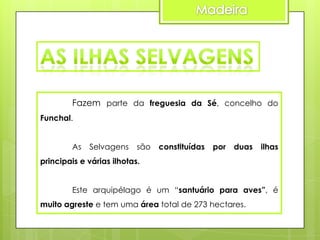 Fazem parte da freguesia da Sé, concelho do
Funchal.
As

Selvagens

são

constituídas

por

duas

ilhas

principais e várias ilhotas.
Este arquipélago é um “santuário para aves”, é
muito agreste e tem uma área total de 273 hectares.

 