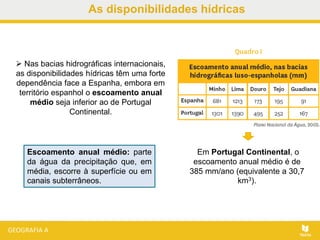 As disponibilidades hídricas
 Nas bacias hidrográficas internacionais,
as disponibilidades hídricas têm uma forte
dependência face a Espanha, embora em
território espanhol o escoamento anual
médio seja inferior ao de Portugal
Continental.
Escoamento anual médio: parte
da água da precipitação que, em
média, escorre à superfície ou em
canais subterrâneos.
Em Portugal Continental, o
escoamento anual médio é de
385 mm/ano (equivalente a 30,7
km3).
 
