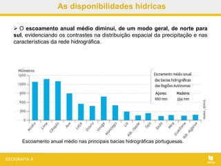 As disponibilidades hídricas
 O escoamento anual médio diminui, de um modo geral, de norte para
sul, evidenciando os contrastes na distribuição espacial da precipitação e nas
características da rede hidrográfica.
Escoamento anual médio nas principais bacias hidrográficas portuguesas.
 